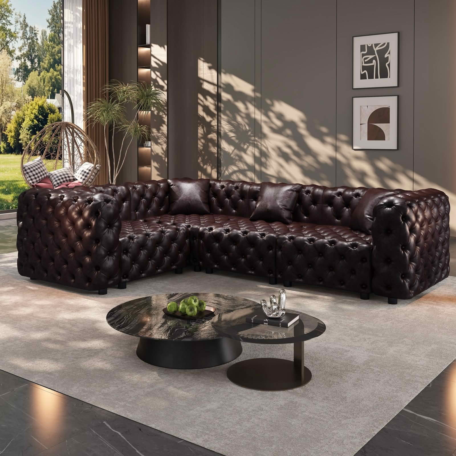 MAYEERTY 103.8" L‑Shaped 4‑Seat Faux‑Leather Modular Sofa, Handcrafted Button Tufted Couch with 4 Pillows for Living Room & Small Apartment