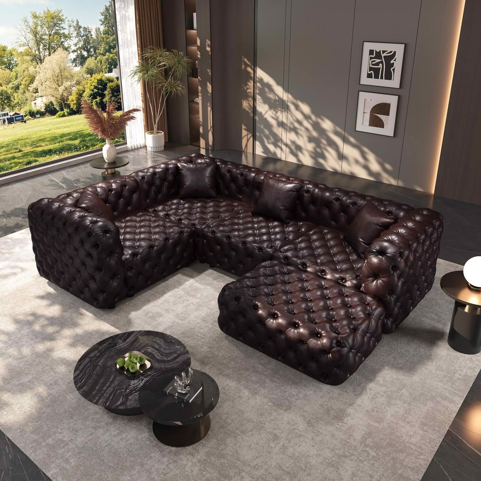 MAYEERTY 103.8" L‑Shaped 4‑Seat Faux‑Leather Modular Sofa Set, Handcrafted Button Tufted Couch with Ottoman & 4 Pillows for Living Room & Small Apartment