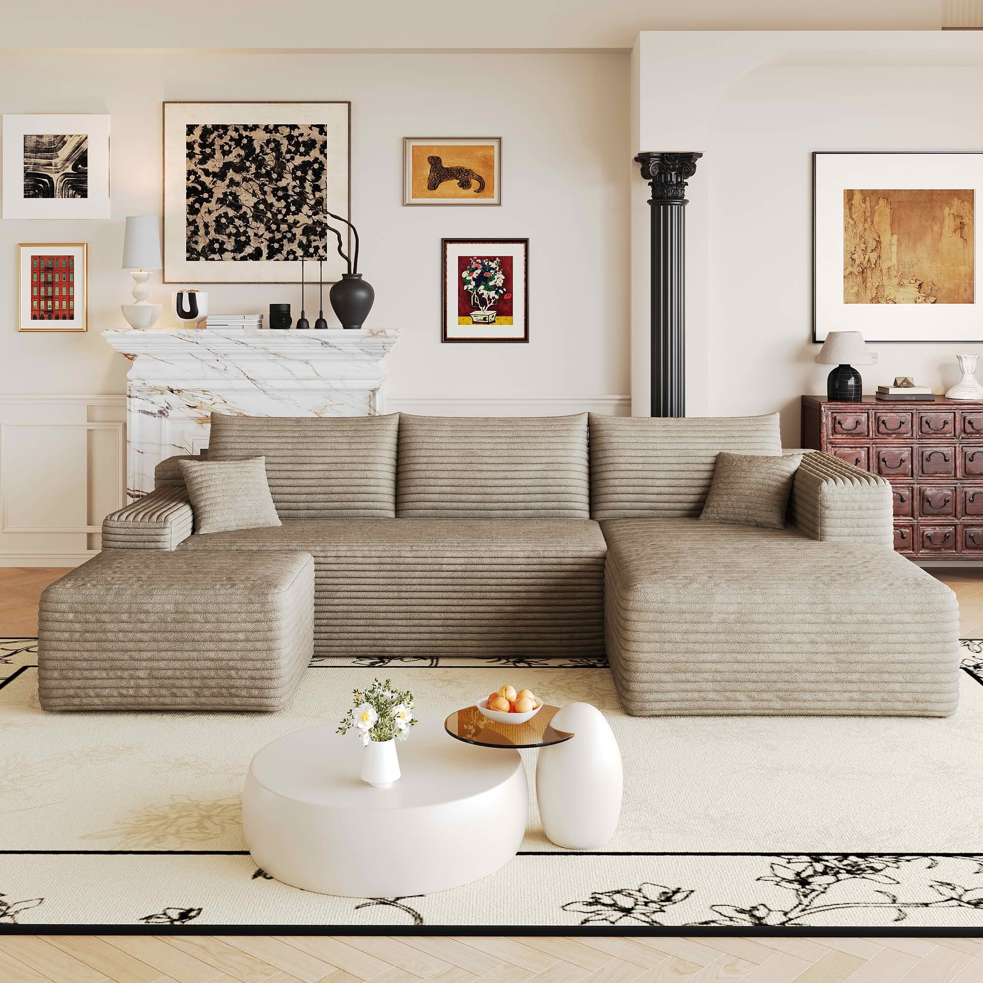 MAYEERTY 103 Inch L‑Shaped Cloud Sectional Sofa with 1 Ottoman, Modern Minimalist Deep‑Seat Corner Couch, Plush Corduroy Upholstered Reversible Sofa, No‑Assembly Required for Living Room Apartment
