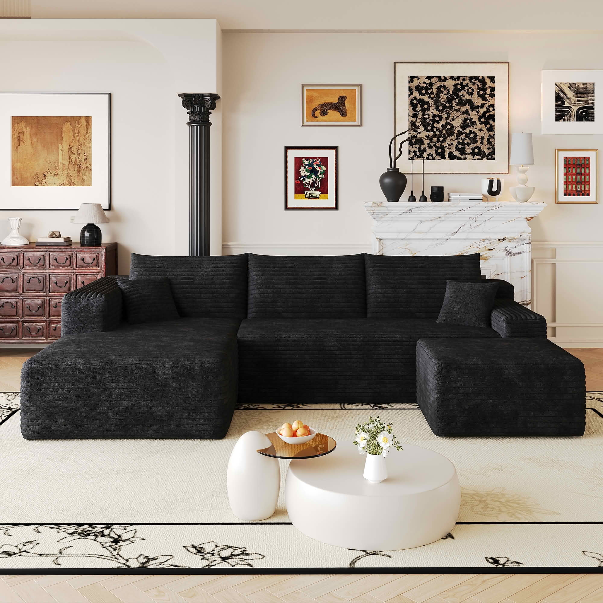 MAYEERTY 103 Inch L‑Shaped Cloud Sectional Sofa with 1 Ottoman, Modern Minimalist Deep‑Seat Corner Couch, Plush Corduroy Upholstered Reversible Sofa, No‑Assembly Required for Living Room Apartment