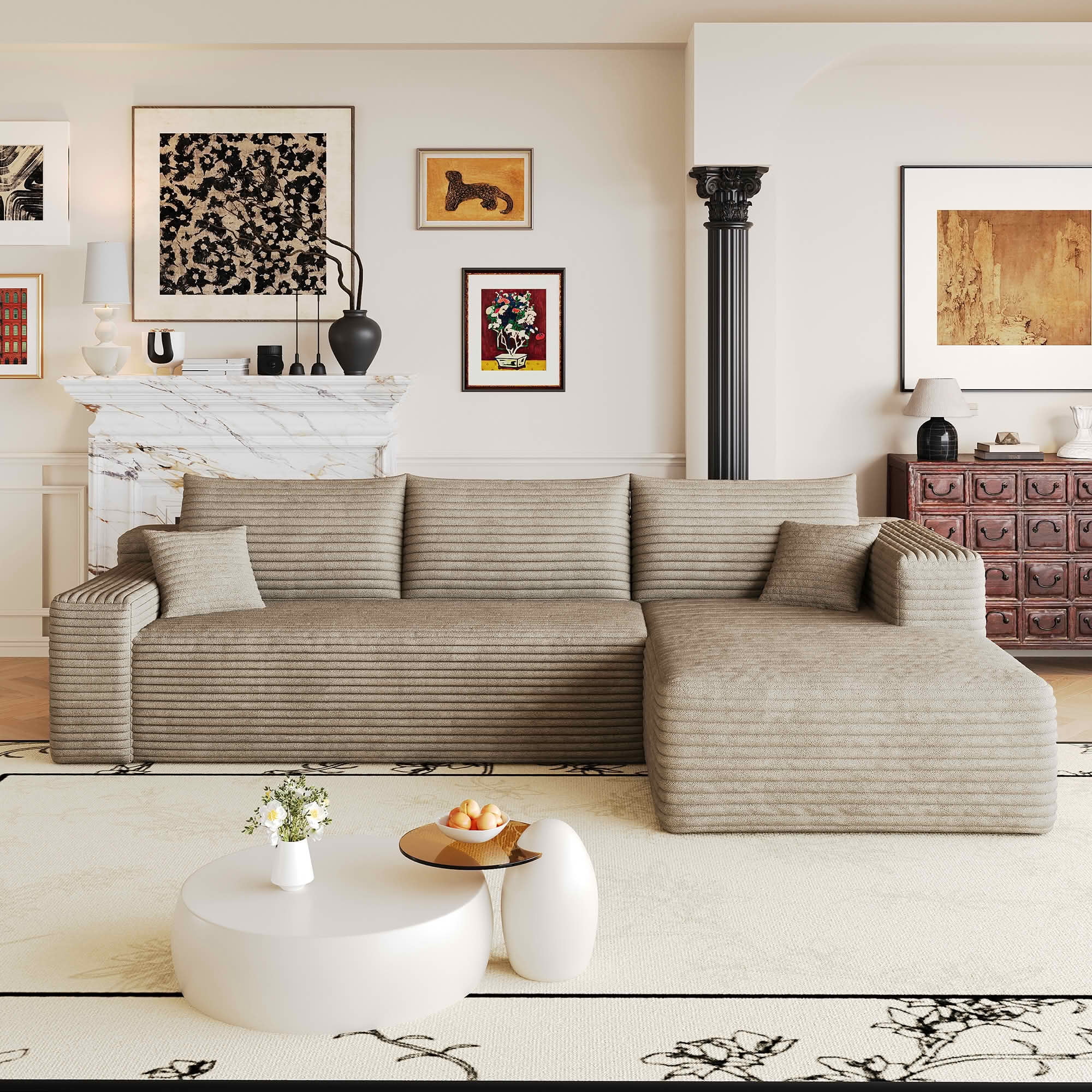 MAYEERTY 103 Inch L‑Shaped Cloud Sectional Sofa, Modern Minimalist Deep‑Seat Corner Couch, Plush Corduroy Upholstered Reversible Sofa, No‑Assembly Required for Living Room Apartment