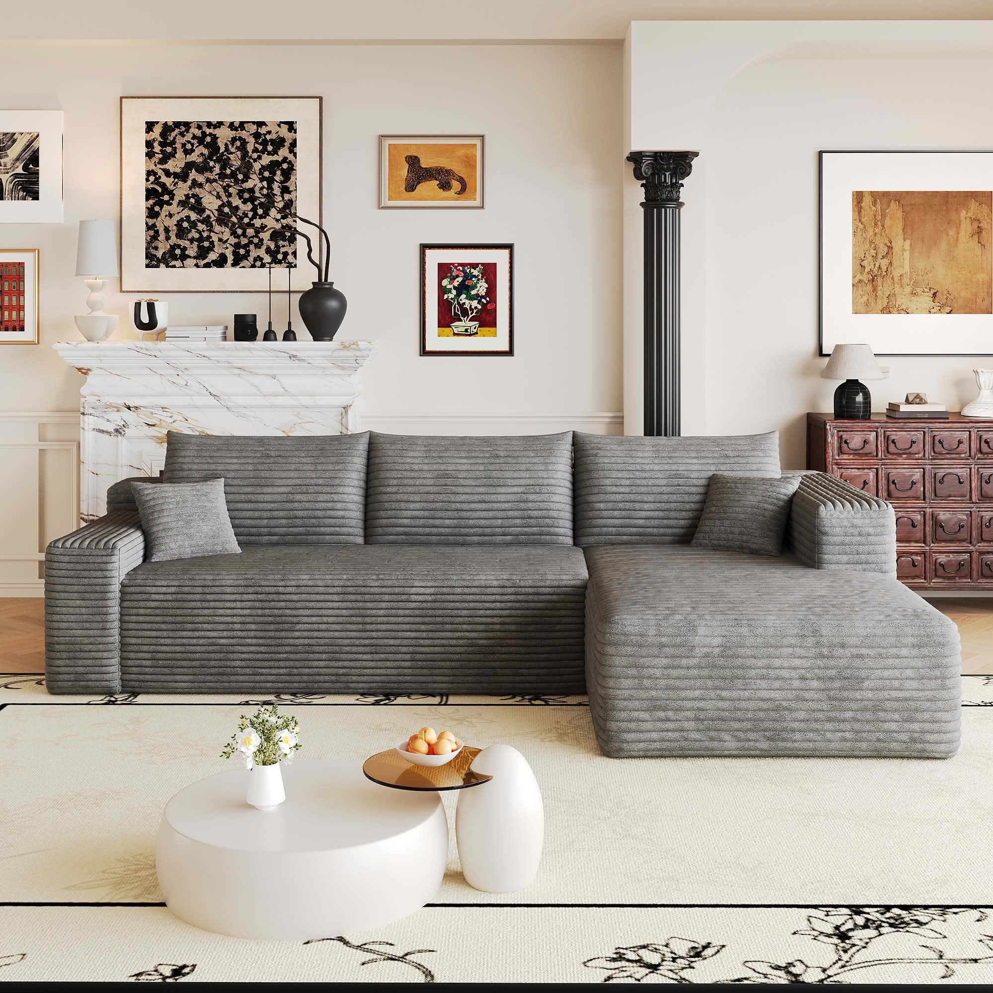 MAYEERTY 103 Inch L‑Shaped Cloud Sectional Sofa, Modern Minimalist Deep‑Seat Corner Couch, Plush Corduroy Upholstered Reversible Sofa, No‑Assembly Required for Living Room Apartment