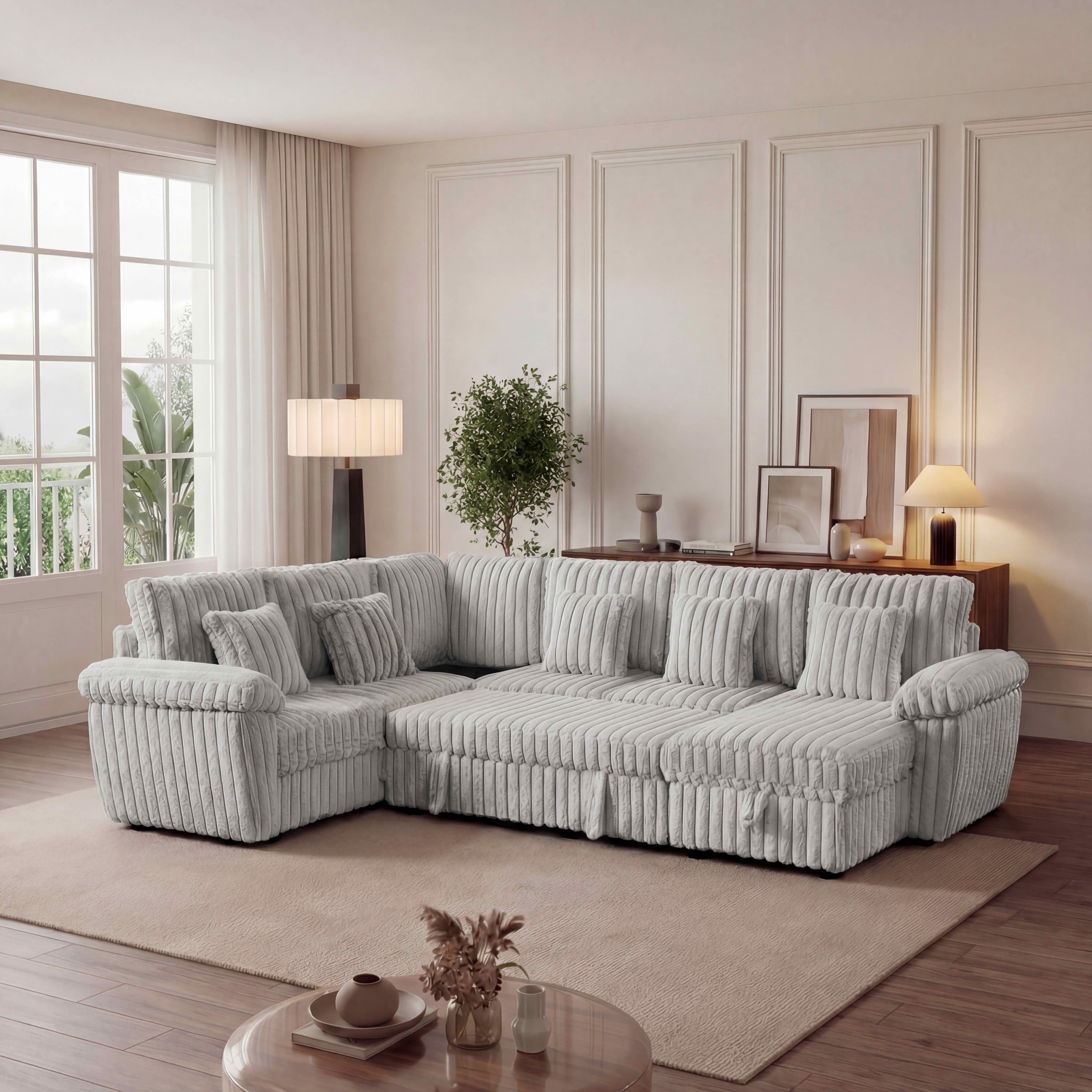MAYEERTY 103-Inch Light Gray Corduroy U-Shape 7-Seat Pull-Out Sofa Bed, Super Soft Modular Sectional with Storage, USB Ports & Built-In Coffee Table for Living Room