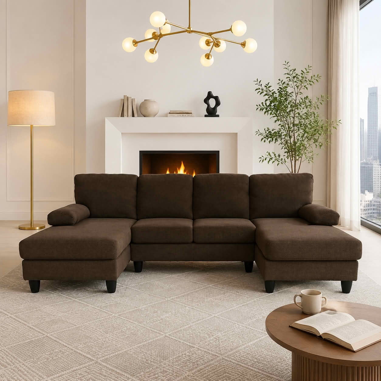 MAYEERTY 104" U‑Shaped Sectional Sofa, Nubby Textured Upholstery Couch with Dual Chaise & Plush Upholstered Armrests, Modern Living Room Furniture