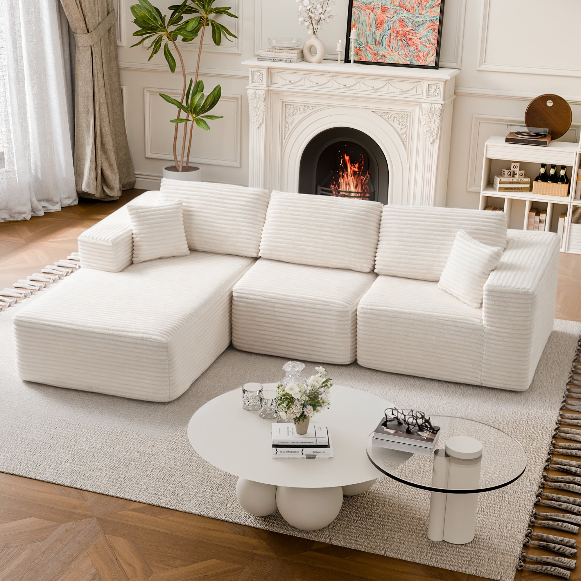 MAYEERTY 104" Cloud Sectional Sofa, Compressed Corduroy Modular Boneless Couch, No Assembly Required for Home Lounge,Beige