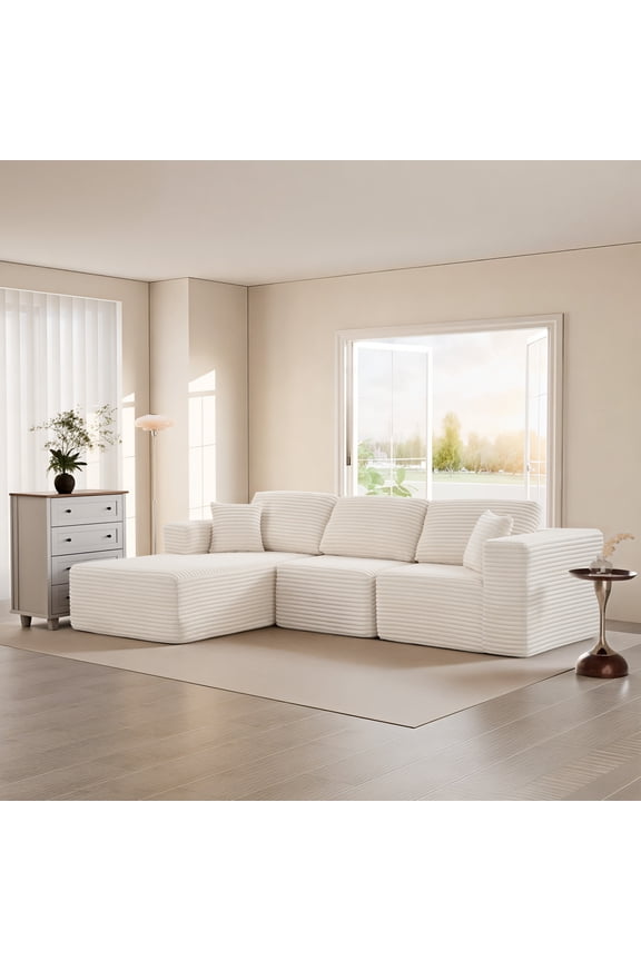 104" Cloud Sectional Sofa, Compressed Corduroy Modular Boneless Couch, No Assembly Required for Home Lounge,Beige