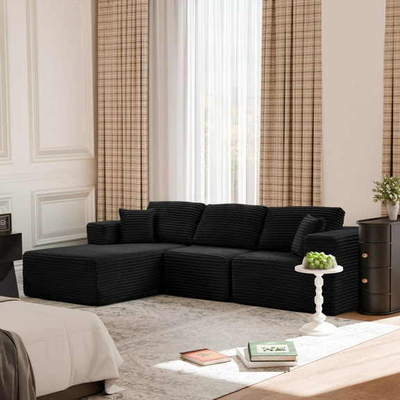 MAYEERTY 104" Cloud Sectional Sofa, Compressed Corduroy Modular Boneless Couch, No Assembly Required for Home Lounge,Black