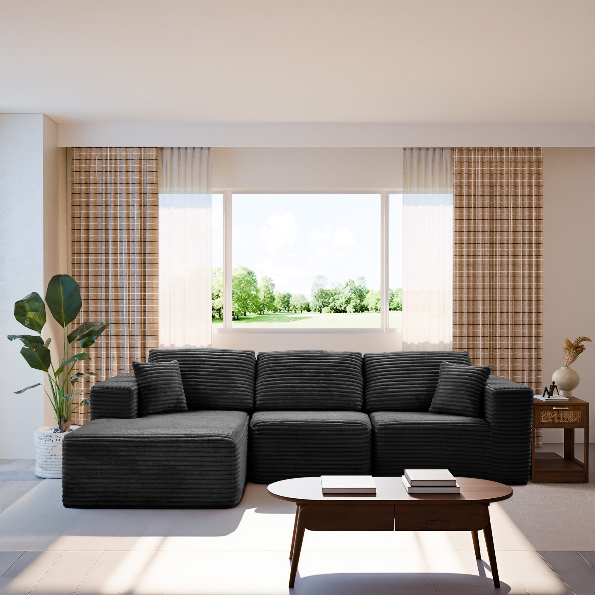 MAYEERTY 104" Oversized Modular Sectional Sofa, Corduroy DIY Couch with Chaise Lounge & 2 Pillows, 1200LBS Load for Living Room