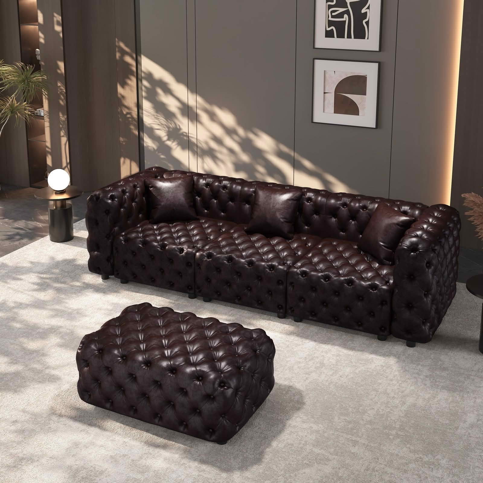 MAYEERTY 105.7" 3‑Seat Faux‑Leather Modular Sofa Set, Handcrafted Button Tufted Couch with Ottoman & 3 Pillows for Living Room & Small Apartment