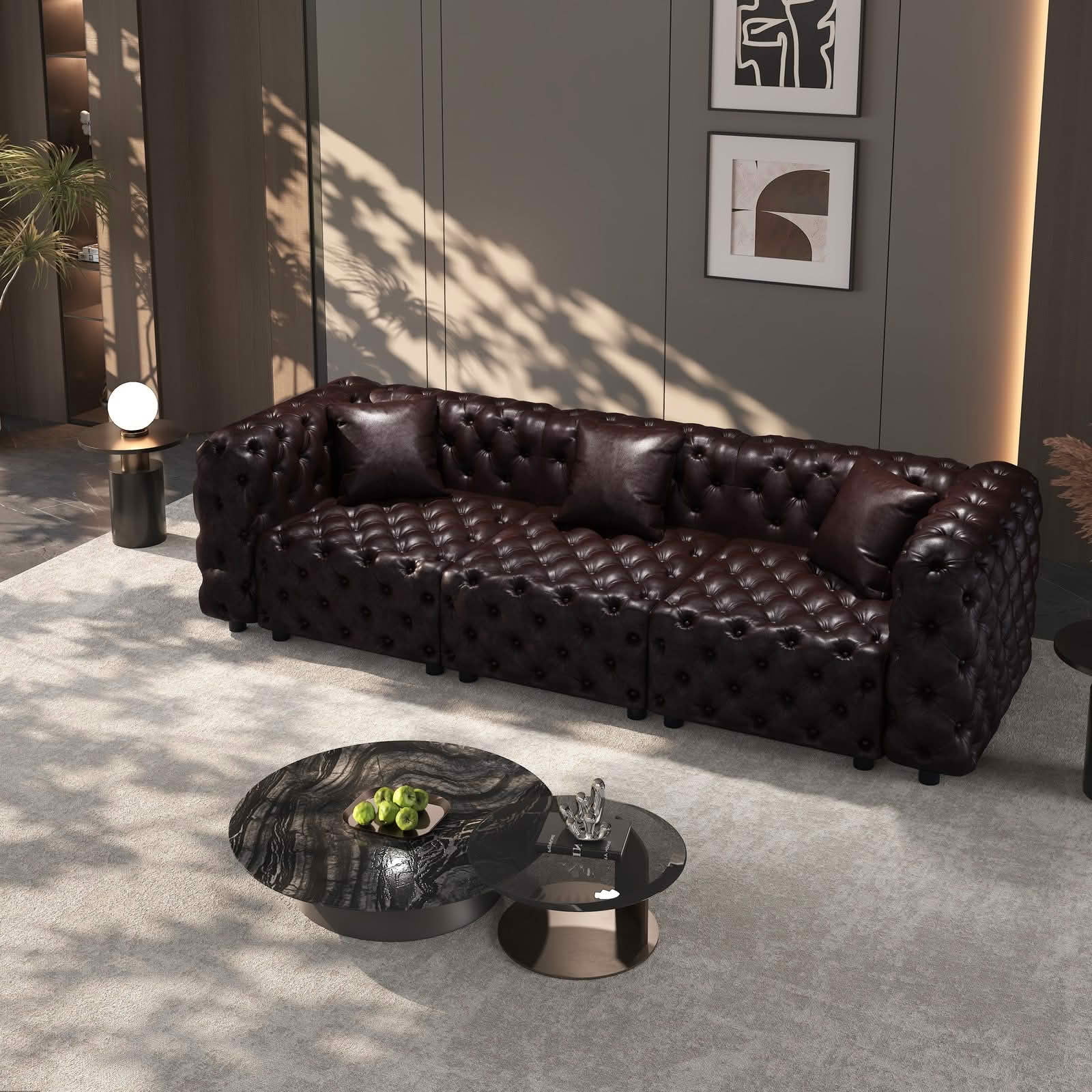 MAYEERTY 105.7 Inch Faux‑Leather 3‑Seat Modular Sofa, Handcrafted Button Tufted Couch with 3 Pillows, Multi‑Layout for Living Room & Small Apartment