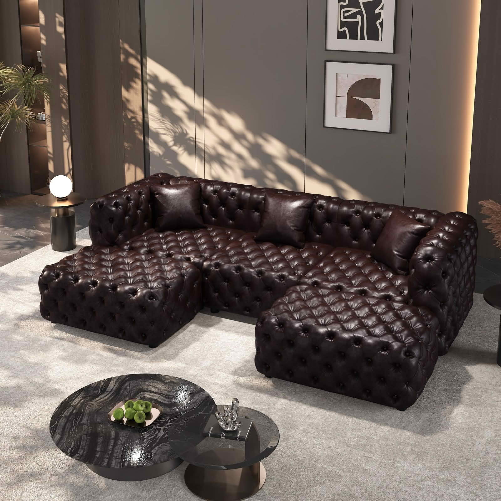 MAYEERTY 105.7 Inch Faux‑Leather 3‑Seat Modular Sofa Set, Handcrafted Button Tufted Couch with 2 Ottomans & 3 Pillows for Living Room & Small Apartment