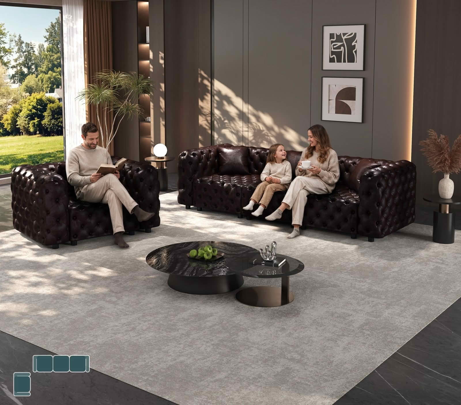 MAYEERTY 105.7 Inch Faux‑Leather 3‑Seat Modular Sofa Set, Handcrafted Button Tufted Couch with Ottoman & 3 Pillows for Living Room & Small Apartment