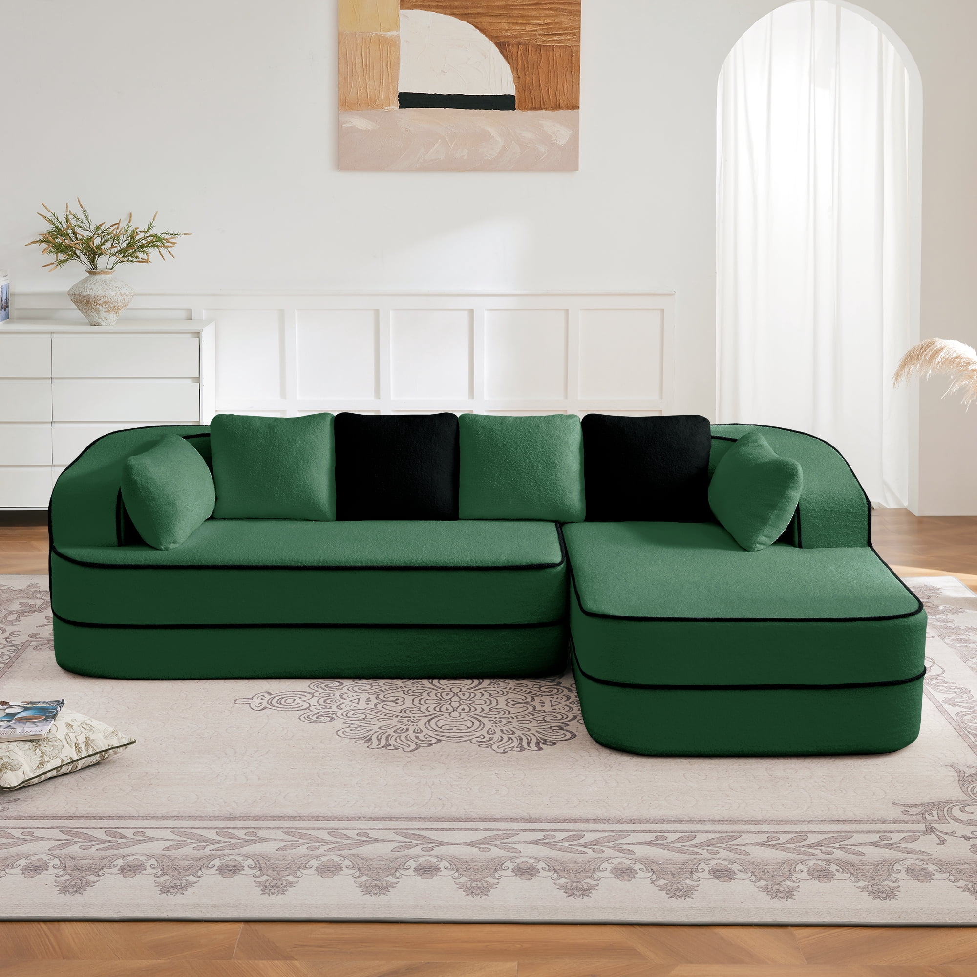 MAYEERTY 105.9" L-Shaped Teddy Fabric Boneless Sofa, Green 1200LBS Capacity 32D Foam No Assembly Couch with Chaise for Living Room