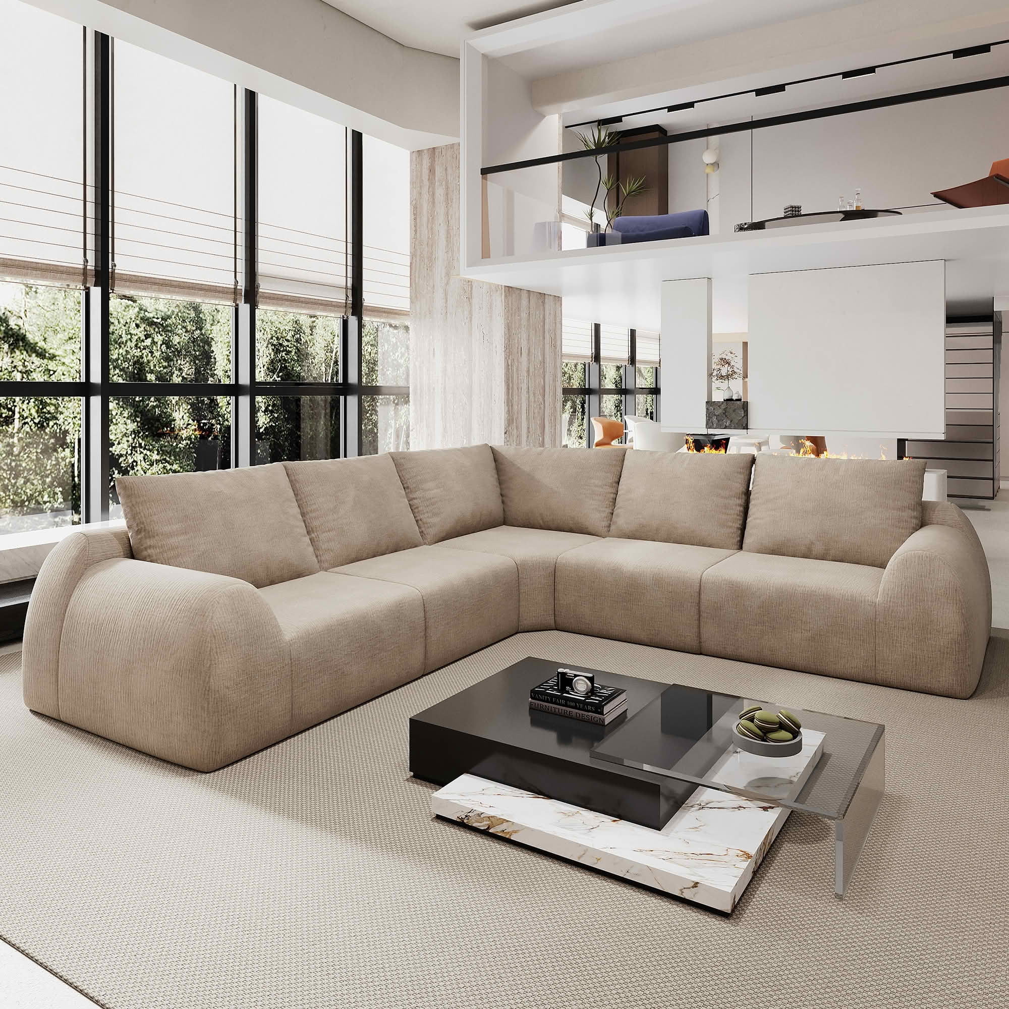 MAYEERTY 105" V Shaped Modular Cloud Sectional Sofa, 5 Seats Vacuum Compressed Chenille Couch, No Assembly Required Oversized Fabric Sofa