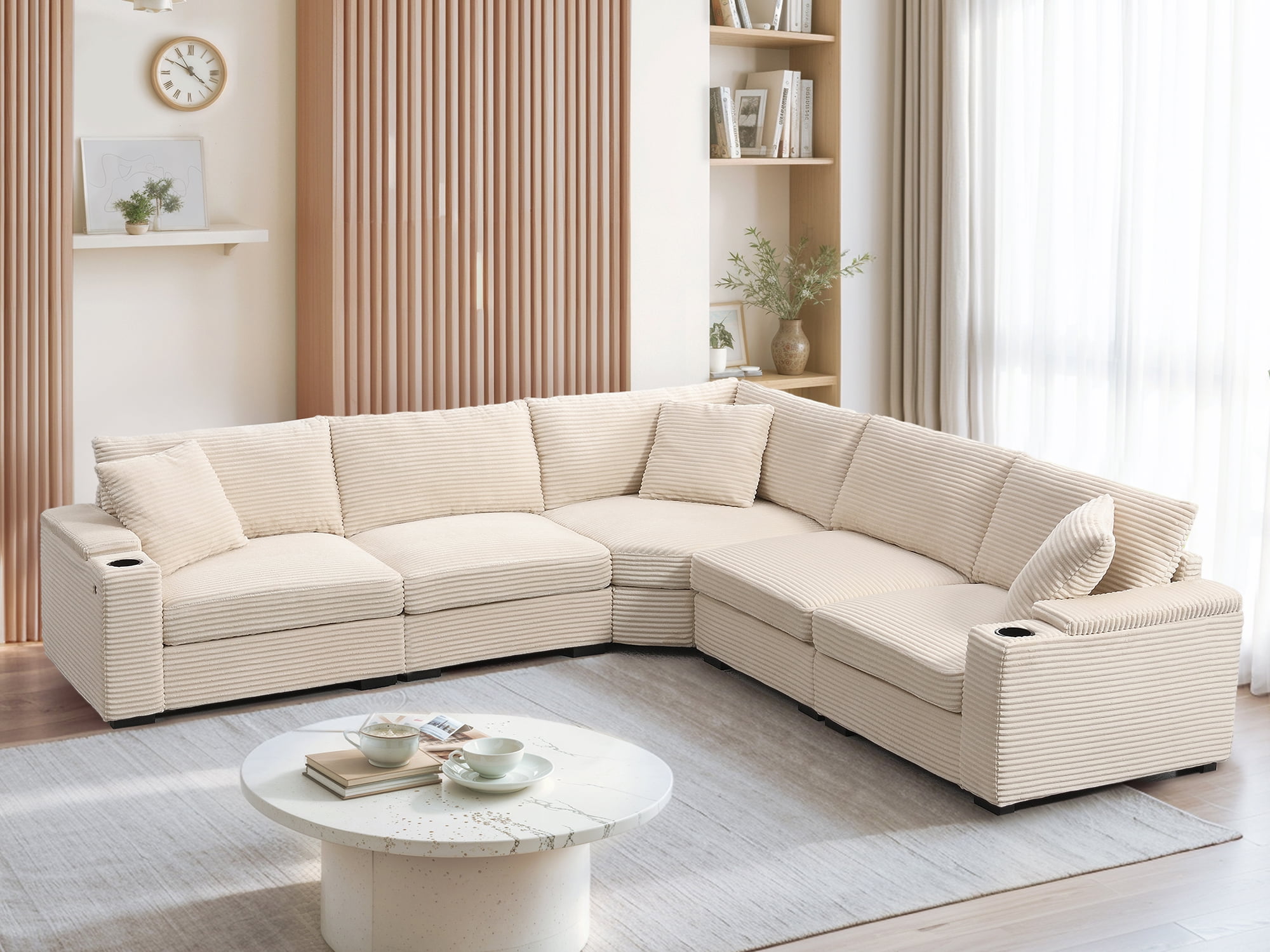 MAYEERTY 106" Convertible L-Shaped Sectional Sofa - Corduroy Corner Couch with Armrest Storage/Cup Holders/USB, Irregular Corner for Living Room/Apartment, 2 Colors