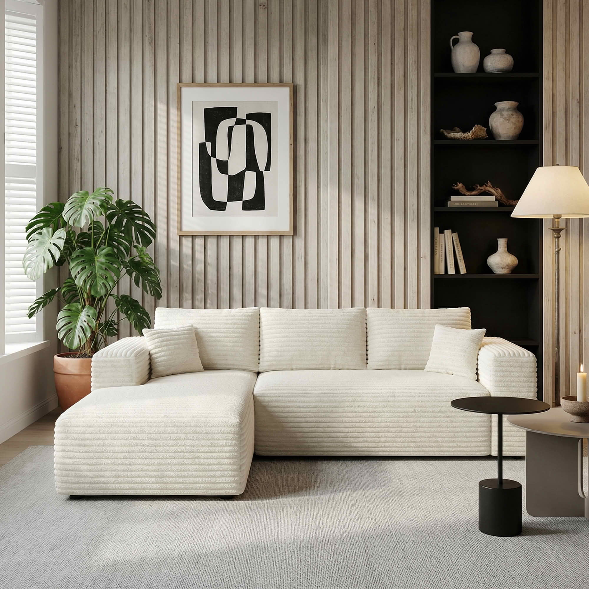 MAYEERTY 107" Cloud L-Shaped Modular Sectional Sofa with Left Facing Chaise, Plush Corduroy Deep Seat 3-Seater Couch, Cloud Sofa for Living Room, Apartment & Bedroom, No Assembly Required, White
