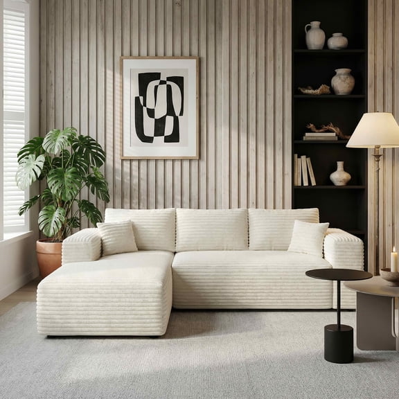 MAYEERTY 106" Wide-Wale Corduroy Compression Sofa Bed, Convertible Sleeper Couch for Living Room Guest Room,White