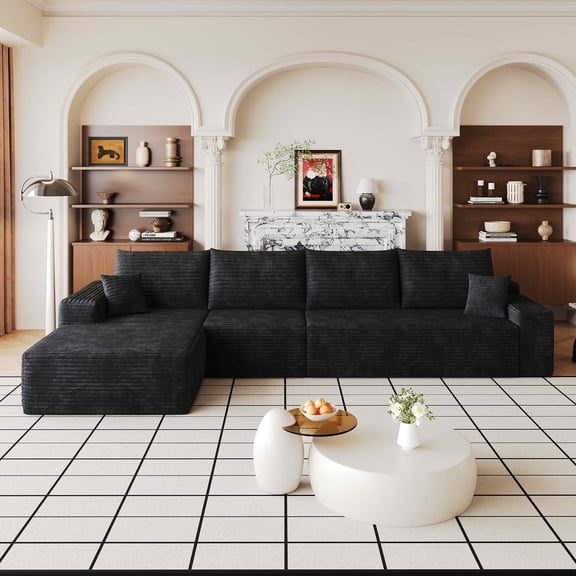 MAYEERTY 135-Inch Black Plush Corduroy 4-Seat L-Shaped Cloud Modular Sectional Sofa, Deep Seat Couch with Chaise No Assembly Required