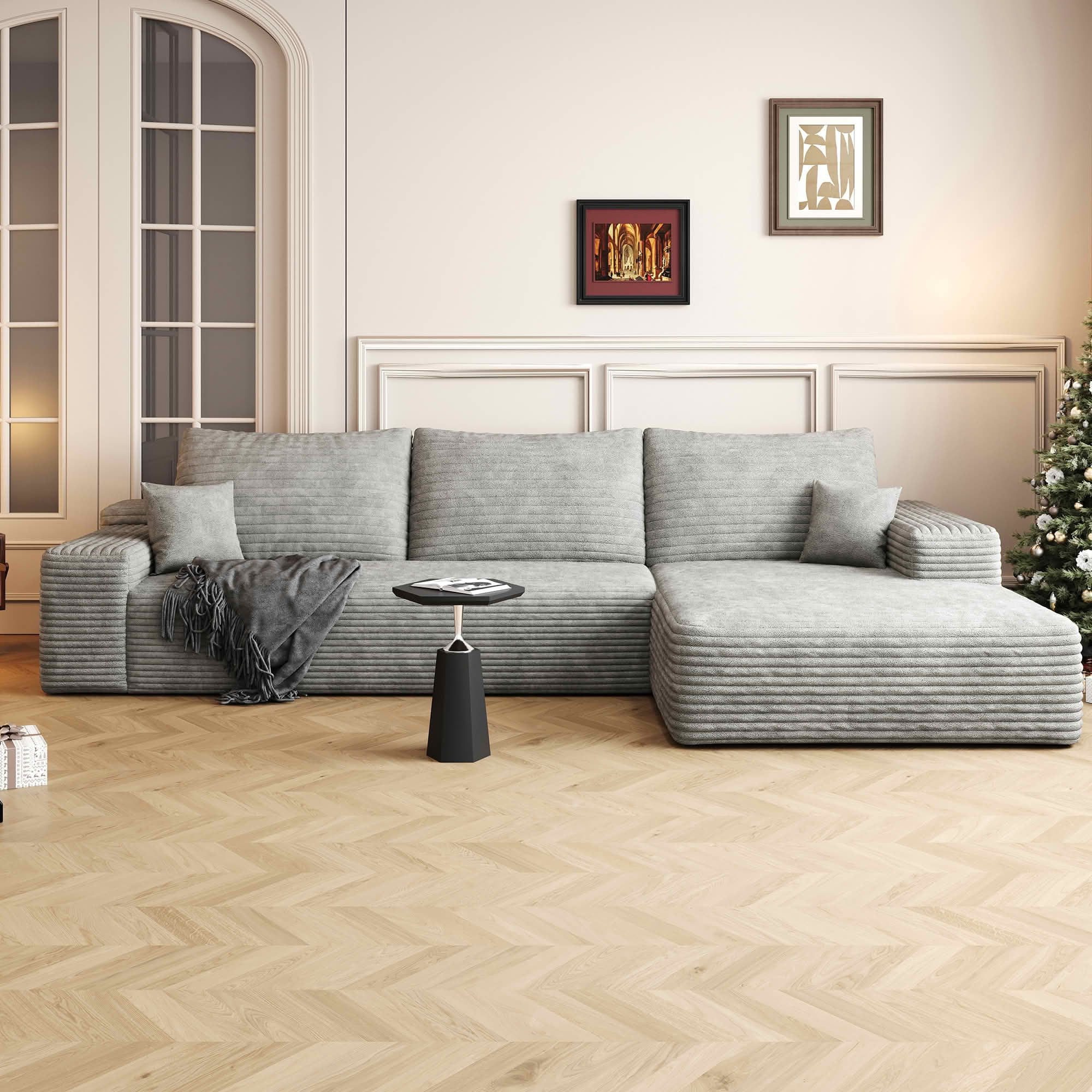 MAYEERTY 107" Cloud Sectional Couch, L-Shape Chaise Modular Sofa, Deep Seat Plush Corduroy, No Assembly, Gray