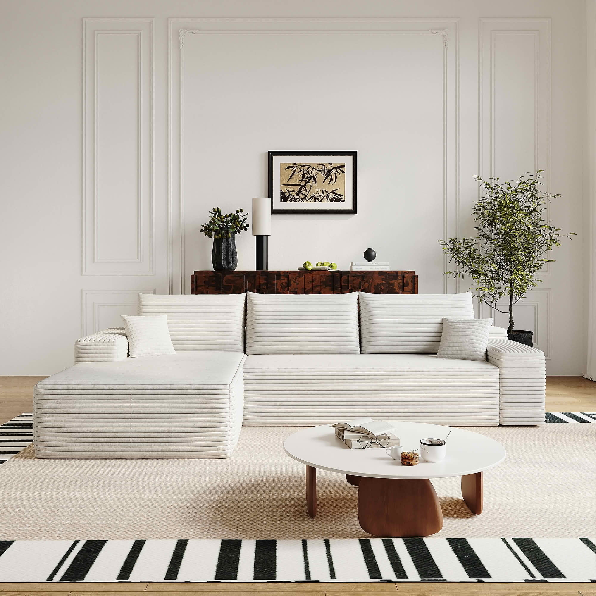 MAYEERTY 107" Cloud L-Shaped Modular Sectional Sofa with Left Facing Chaise, Plush Corduroy Deep Seat 3-Seater Couch, Cloud Sofa for Living Room, Apartment & Bedroom, No Assembly Required, White