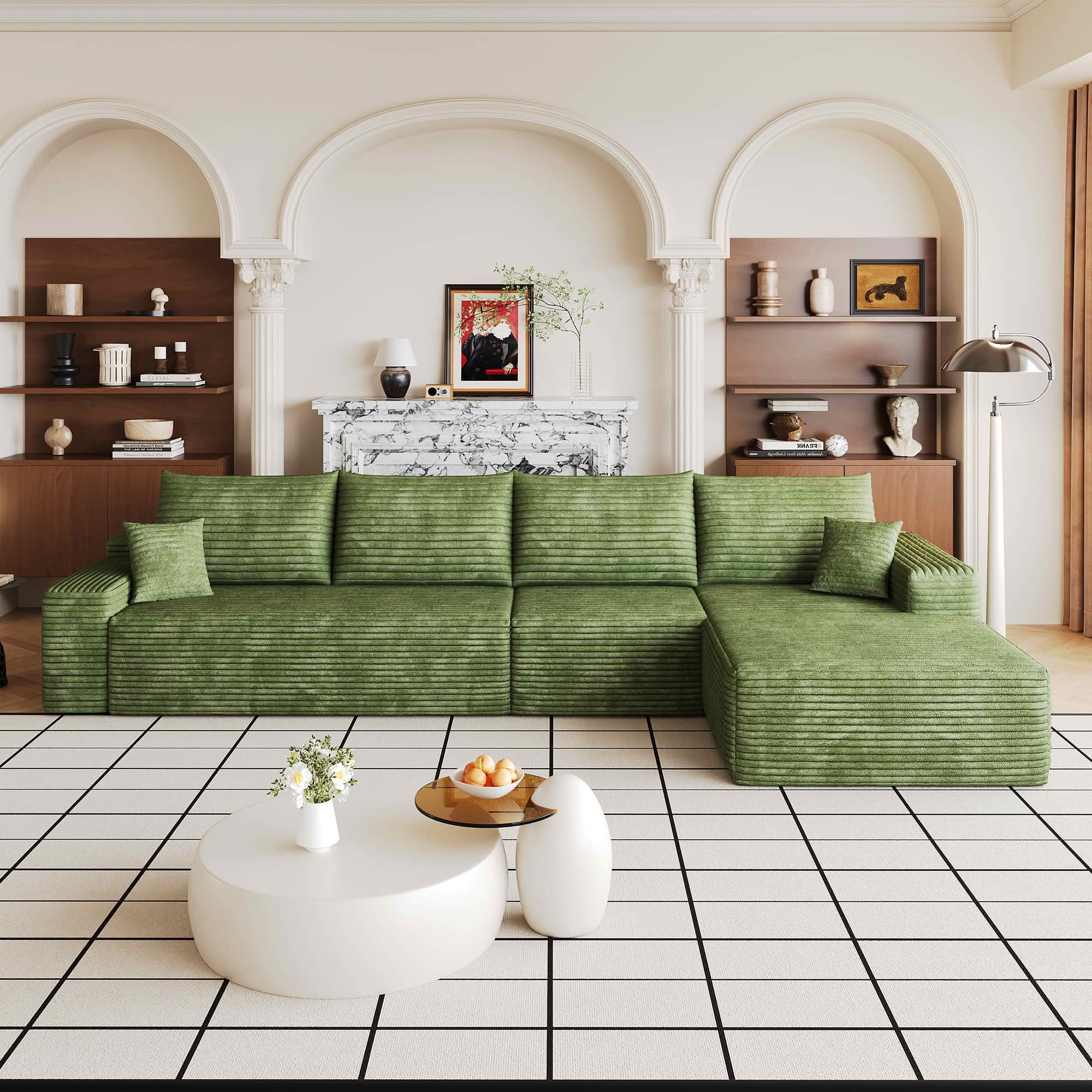 MAYEERTY 135-Inch Green Plush Corduroy 4-Seat L-Shaped Cloud Modular Sectional Sofa, Deep Seat Couch with Chaise No Assembly Required