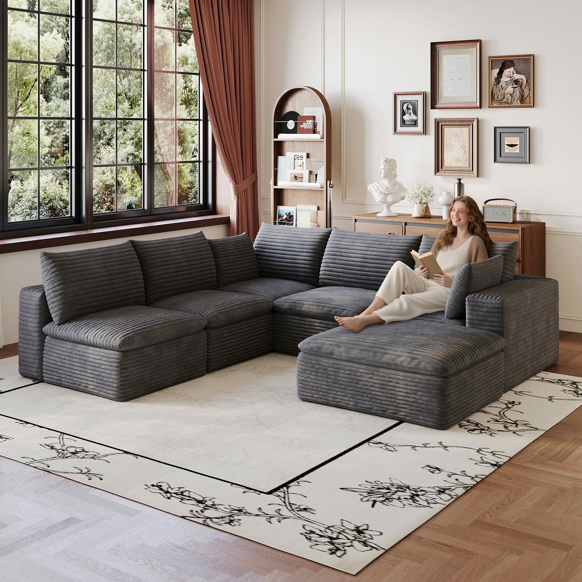 MAYEERTY 99×103-Inch Dark Gray Corduroy 6-Seat Cloud Modular Sofa, Deep Seat DIY Combination Couch with Removable Cushion No Assembly Required