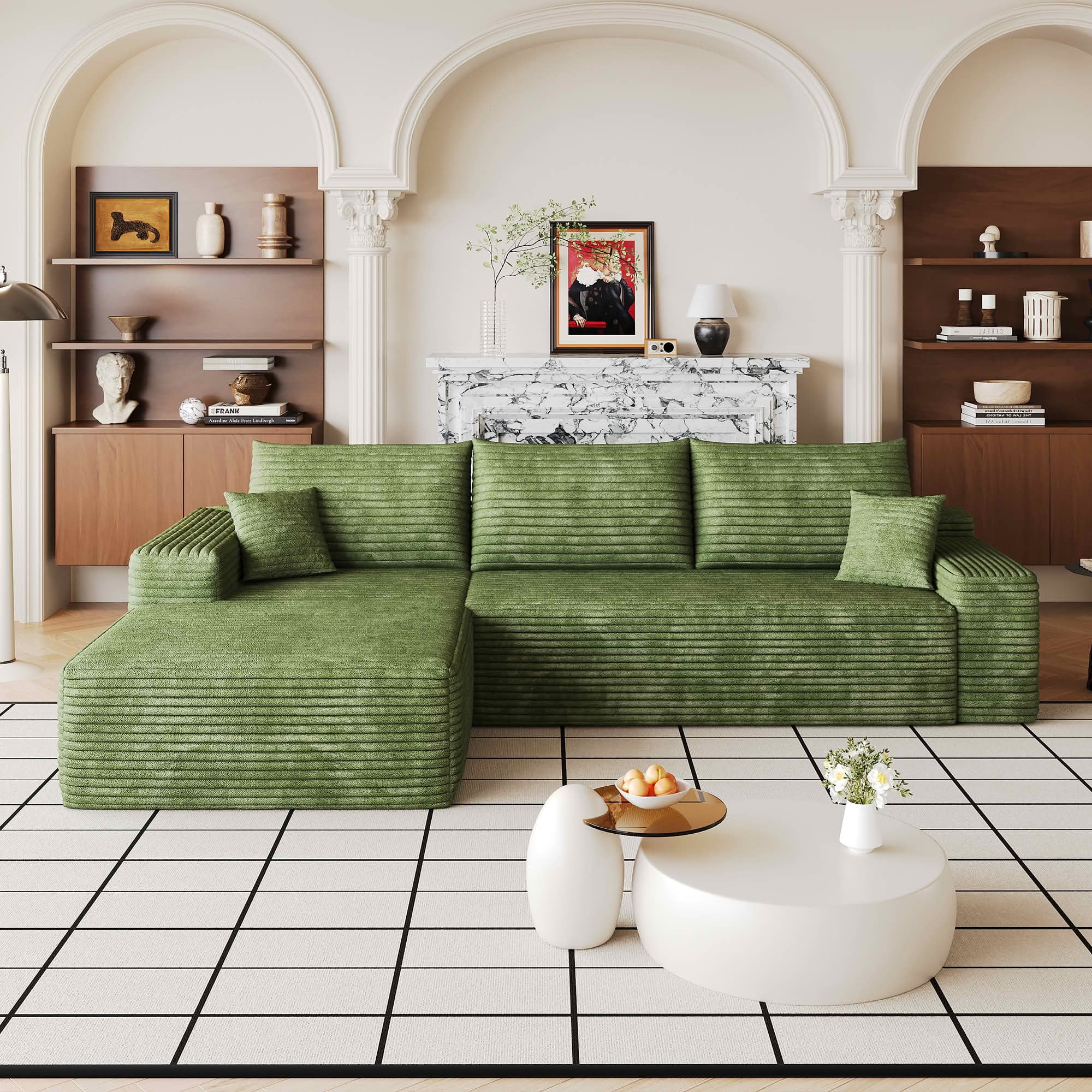 MAYEERTY 107-Inch Green Plush Corduroy 3-Seat L-Shaped Cloud Modular Sectional Sofa, Deep Seat Couch with Chaise No Assembly Required