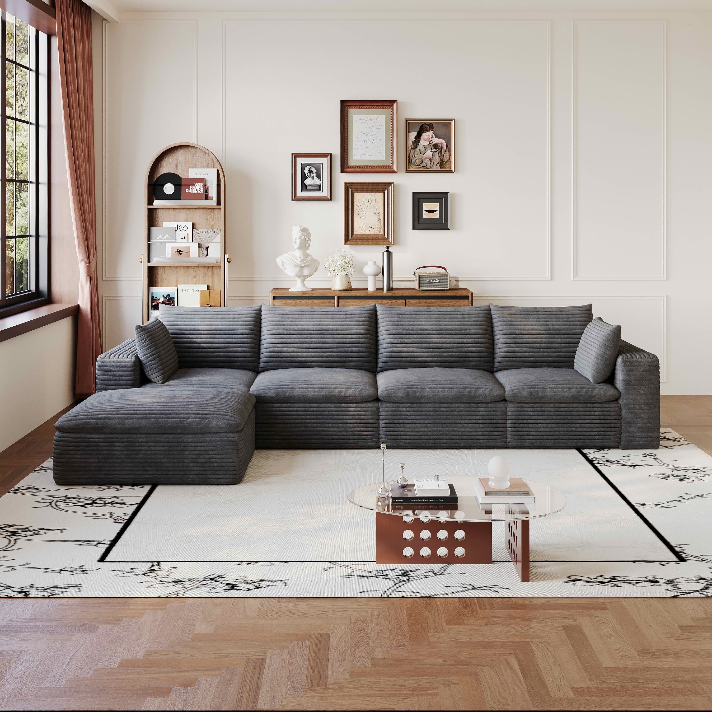 MAYEERTY 134-Inch Dark Gray Corduroy 5-Seat Cloud Modular Sofa, Deep Seat DIY Combination Couch with Removable Cushion No Assembly Required