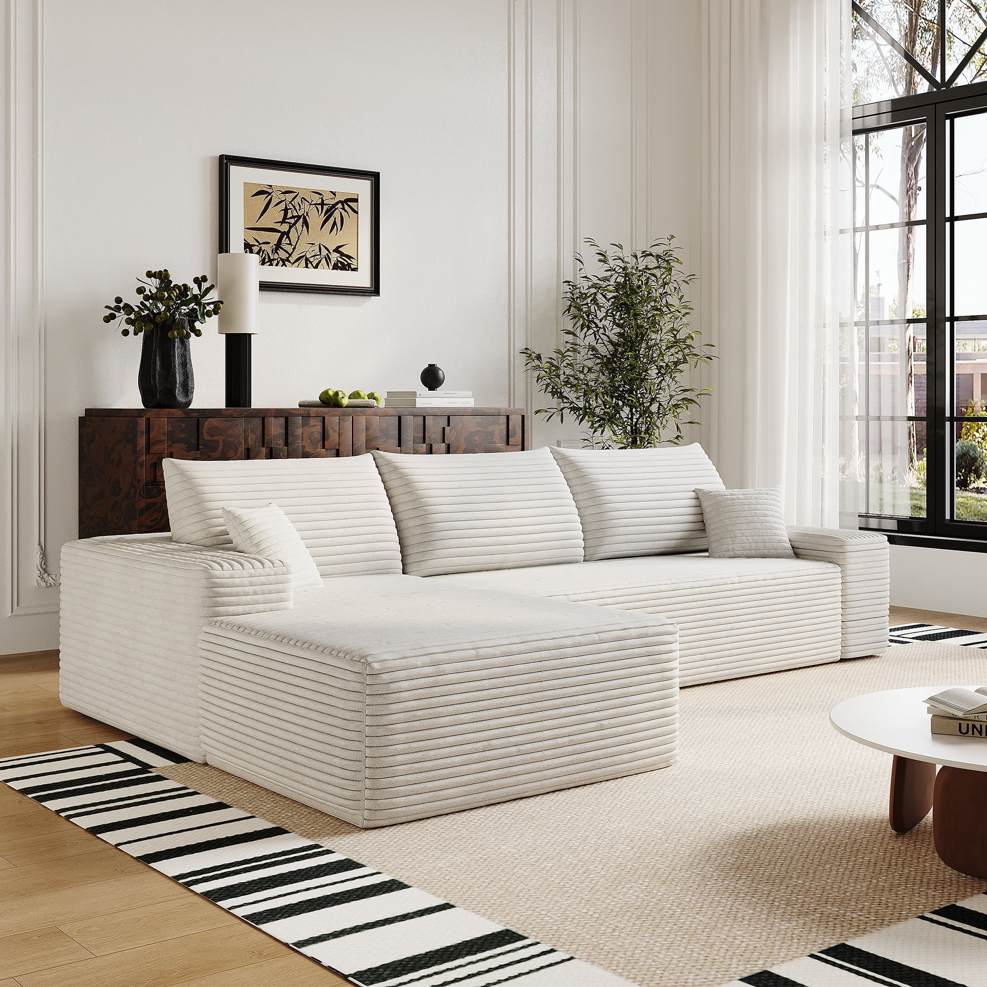 MAYEERTY 107" Cloud L-Shaped Modular Sectional Sofa with Left Facing Chaise, Plush Corduroy Deep Seat 3-Seater Couch, Cloud Sofa for Living Room, Apartment & Bedroom, No Assembly Required, White