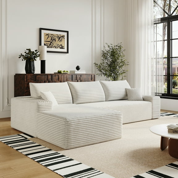 MAYEERTY 107" Cloud Sectional Couch White Plush Corduroy L-Shape Chaise Deep Seat No Assembly Living Room/Bedroom