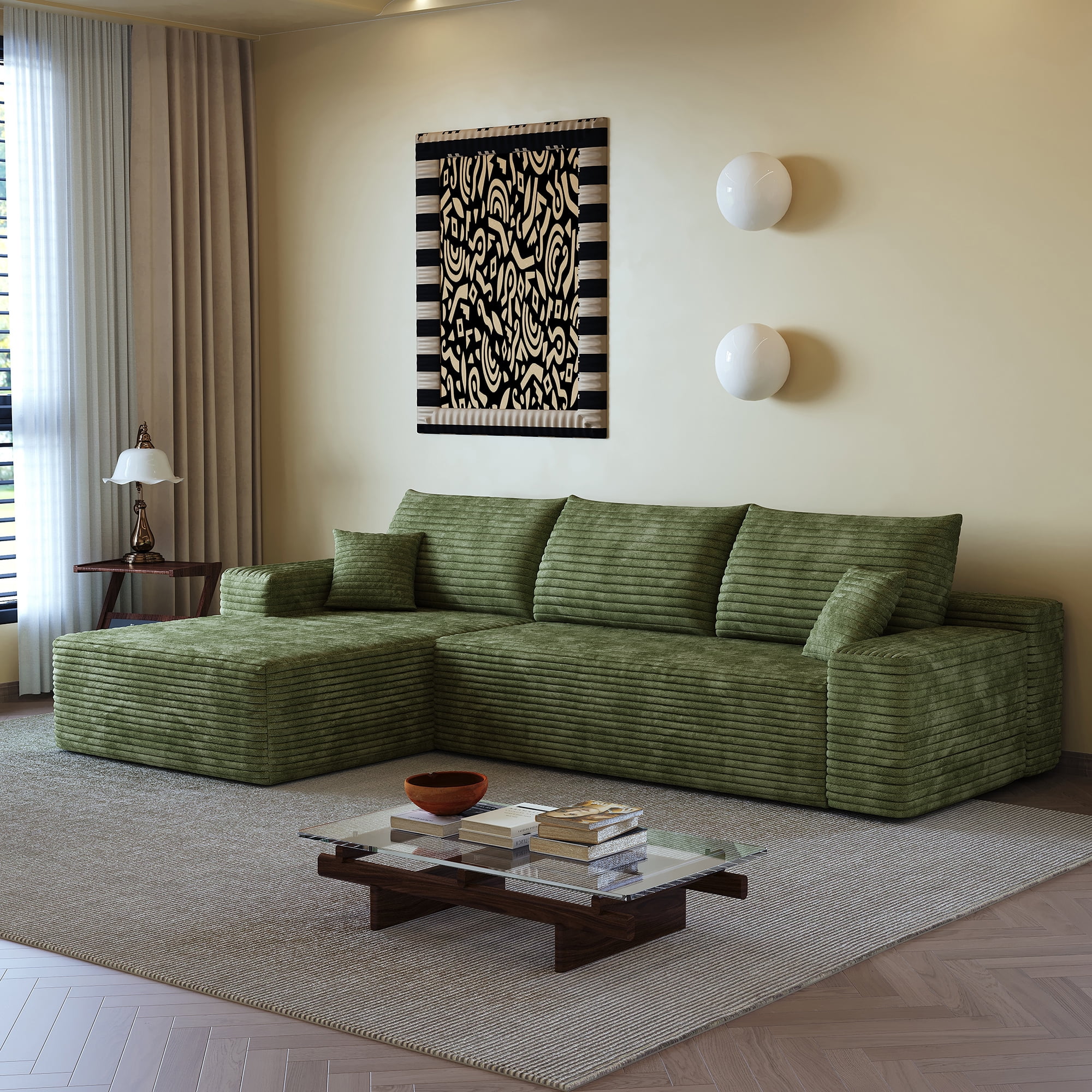 MAYEERTY 107" Cloud Sectional Couch with L-Shape Chaise, Modern Modular Deep Seat Sofa, No Assembly Plush Corduroy Fabric, Green (2 packages)