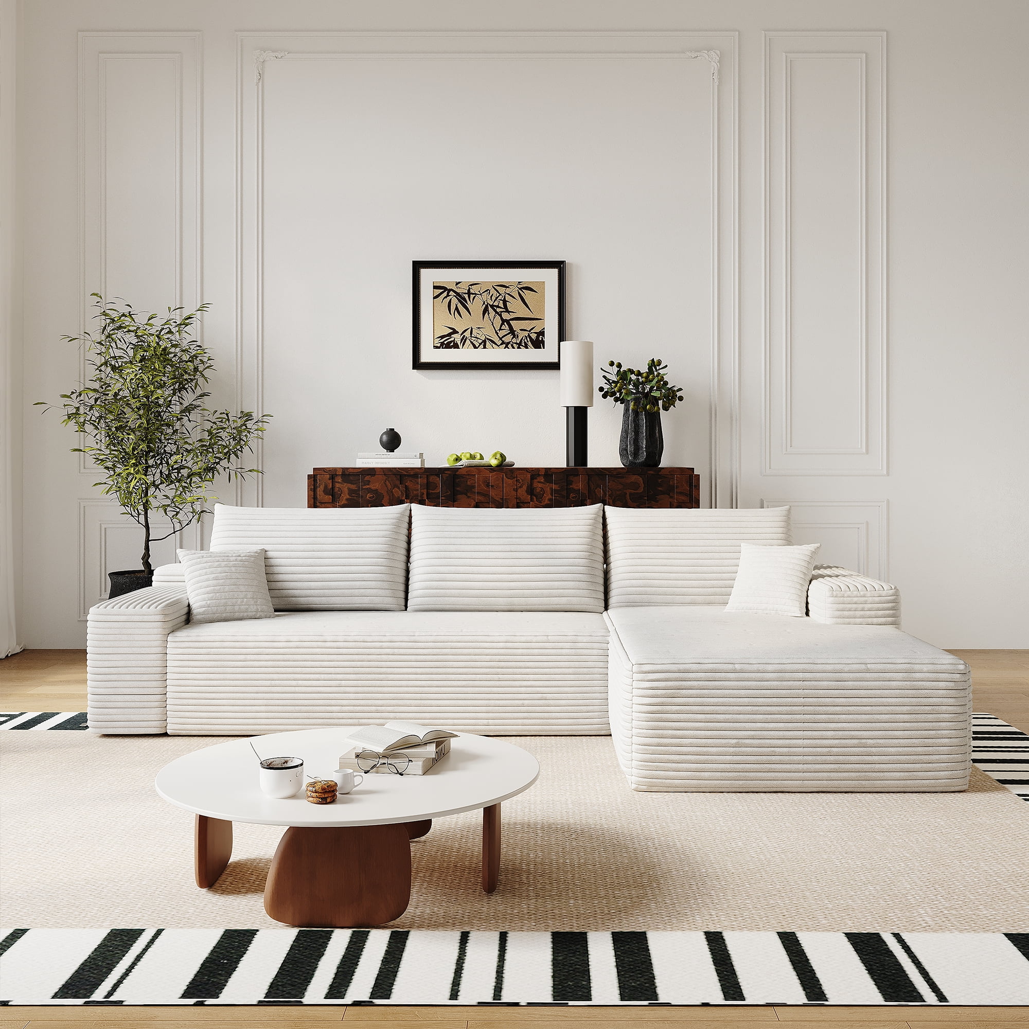 MAYEERTY 107" Cloud L-Shaped Modular Sectional Sofa with Chaise, Plush Corduroy Deep Seat 3-Seater Couch, Sofa for Living Room Bedroom, No Assembly Required, White