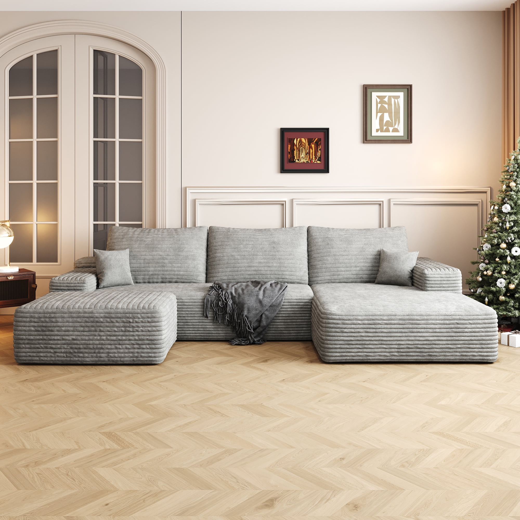 MAYEERTY 107" Cloud Sectional Sofa with 1 Ottoman, Modern Minimalist U-Shaped Deep Seat Couch, No Assembly Plush Corduroy Fabric, Gray (3 packages)