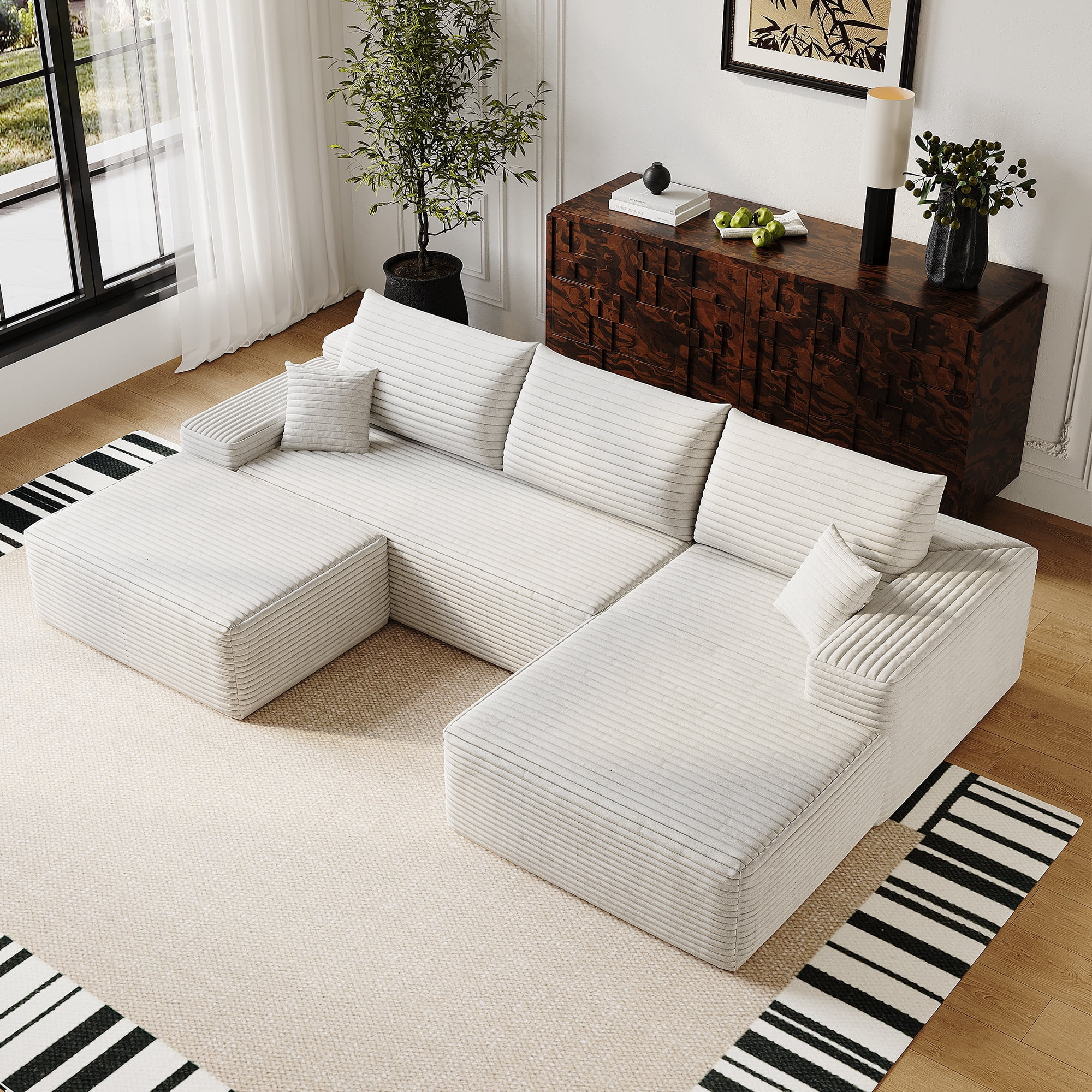 MAYEERTY 107" Cloud Sectional Sofa with 1 Ottoman, Modern Minimalist U-Shaped Deep Seat Couch, No Assembly Plush Corduroy Fabric, White (3 packages)
