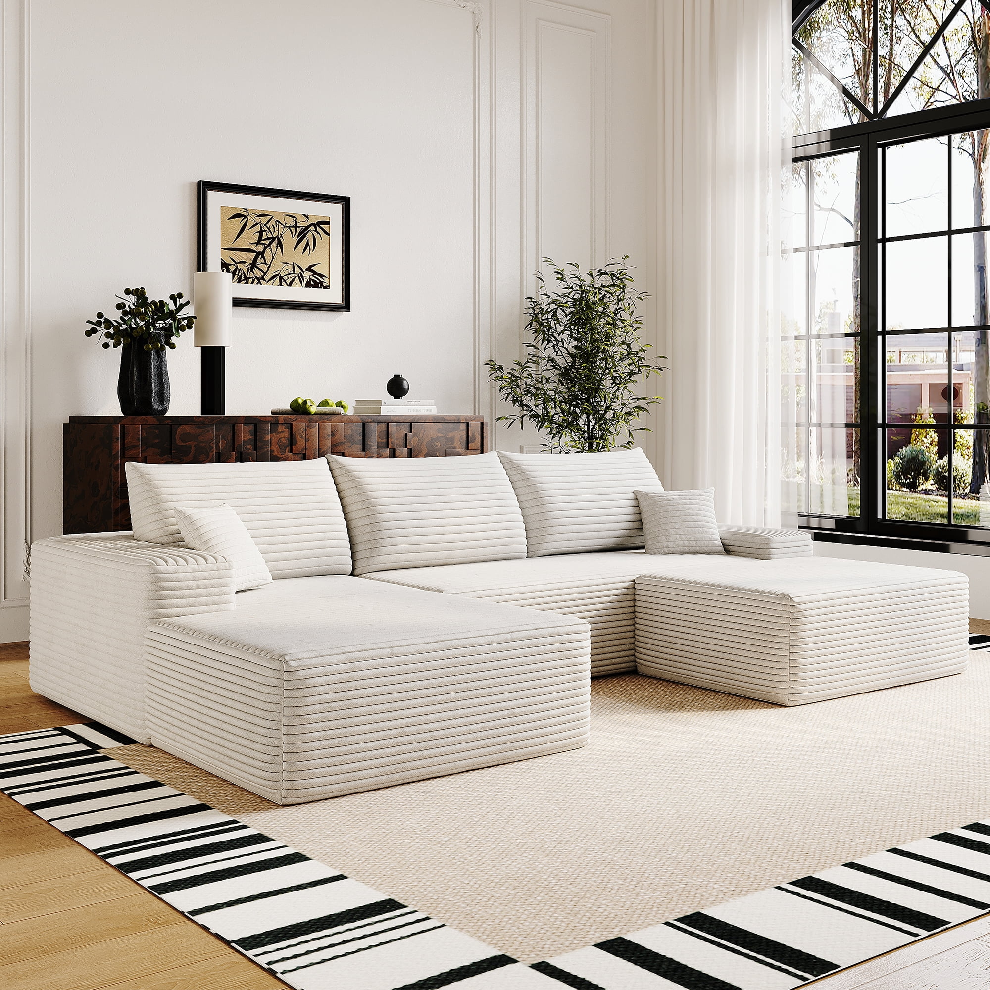 MAYEERTY 107" Cloud Sectional Sofa with 1 Ottoman, Modern Minimalist U-Shaped Deep Seat Couch, No Assembly Plush Corduroy Fabric, White (3 packages)