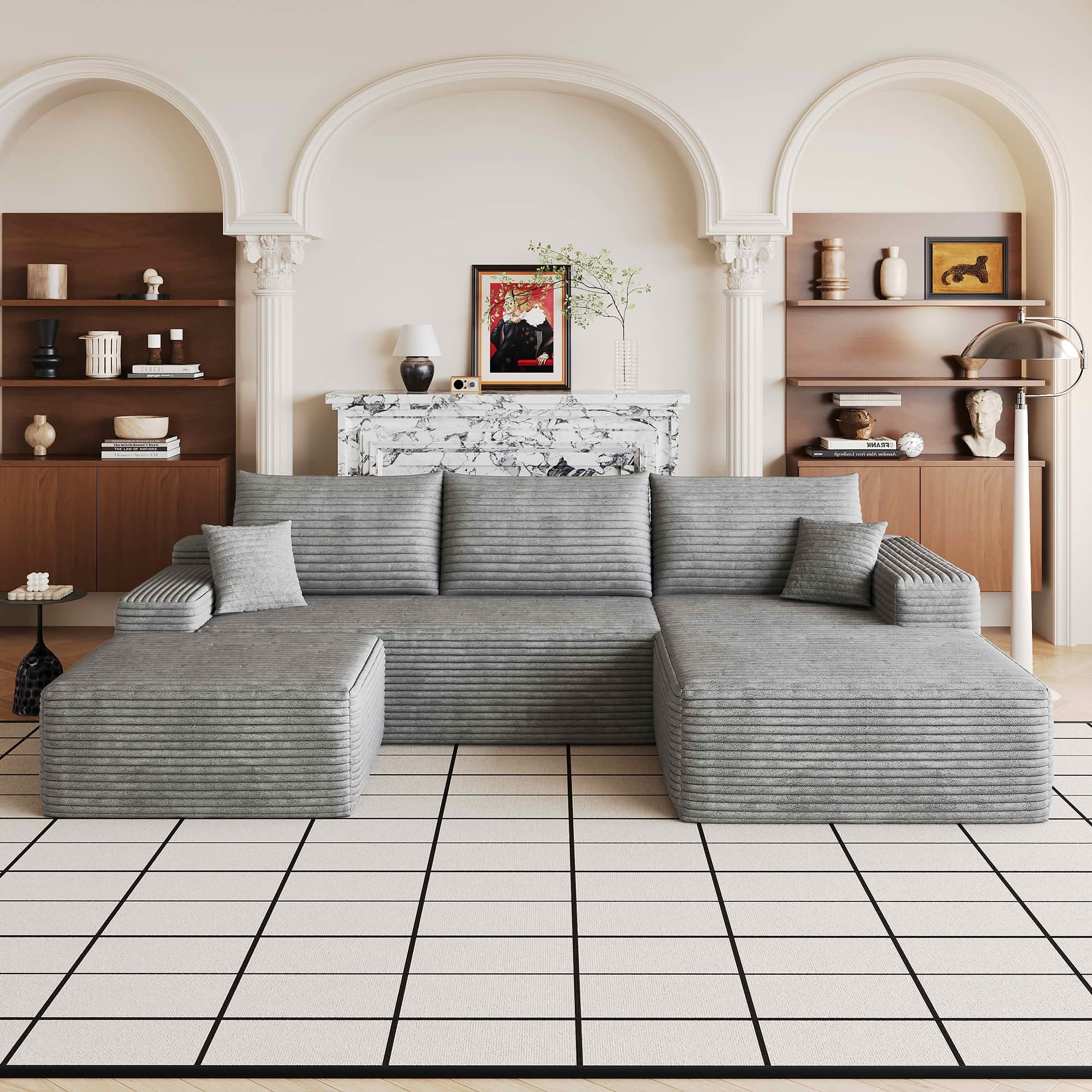 MAYEERTY 107" Cloud U-Shaped Sectional Sofa with 1 Ottoman, Plush Corduroy Deep Seat Modular Couch, No Assembly for Living Room