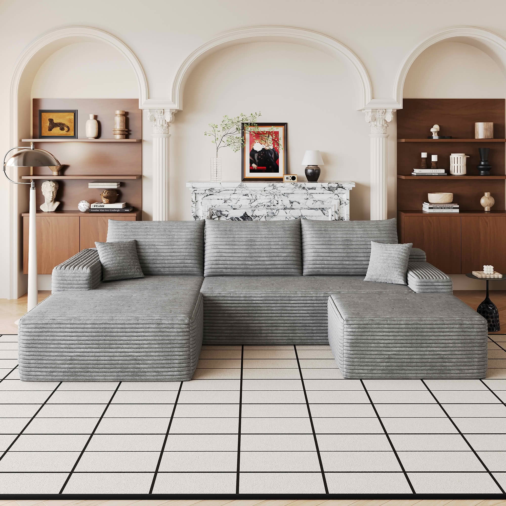 MAYEERTY 107" Cloud U-Shaped Sectional Sofa with 1 Ottoman, Plush Corduroy Deep Seat Modular Couch, No Assembly for Living Room