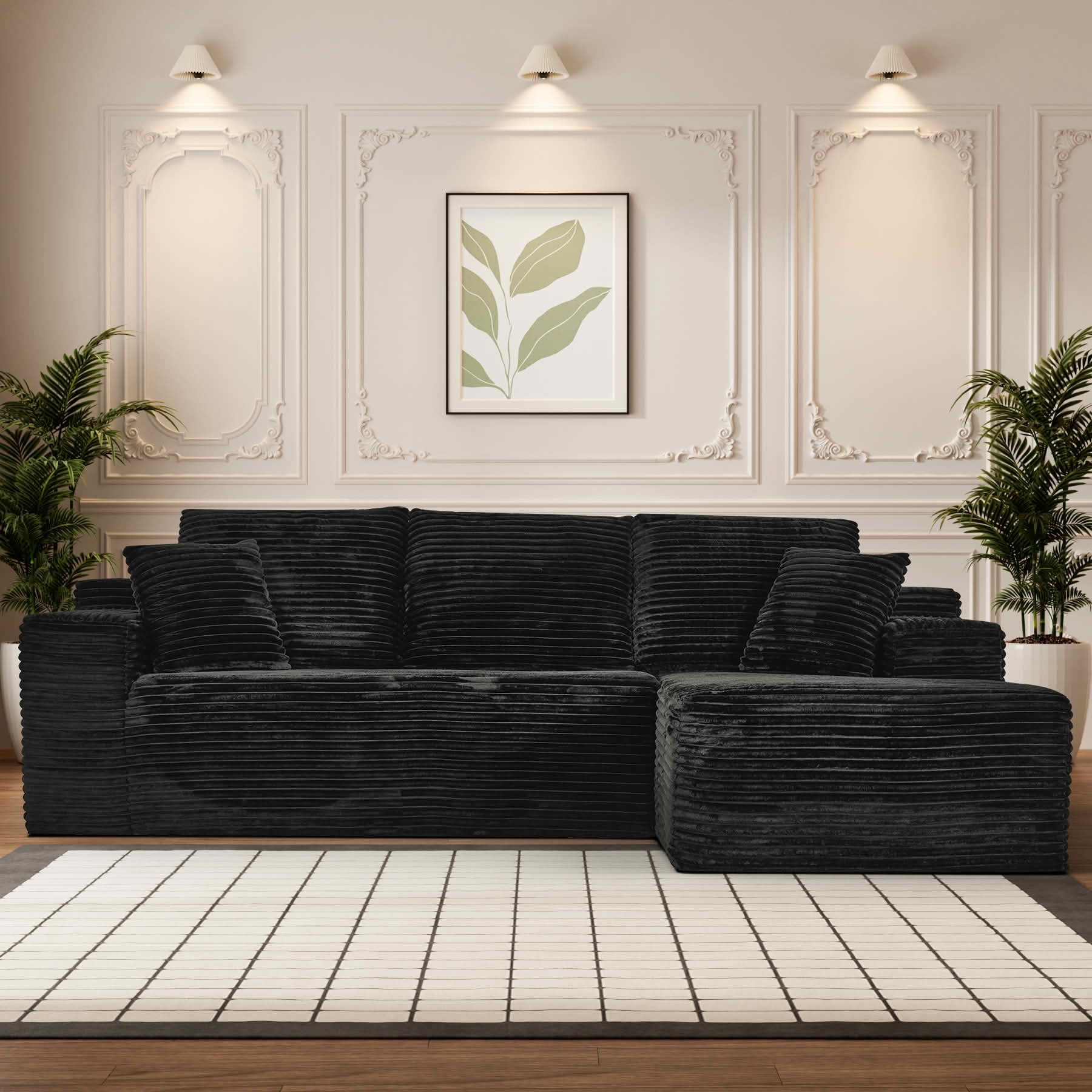 MAYEERTY 107-Inch Black Faux Rabbit Hair Corduroy 6-Seat L-Shaped Modular Cloud Sofa, Minimalist Deep Seat Sleeper Sectional with Recliner, No Assembly Required