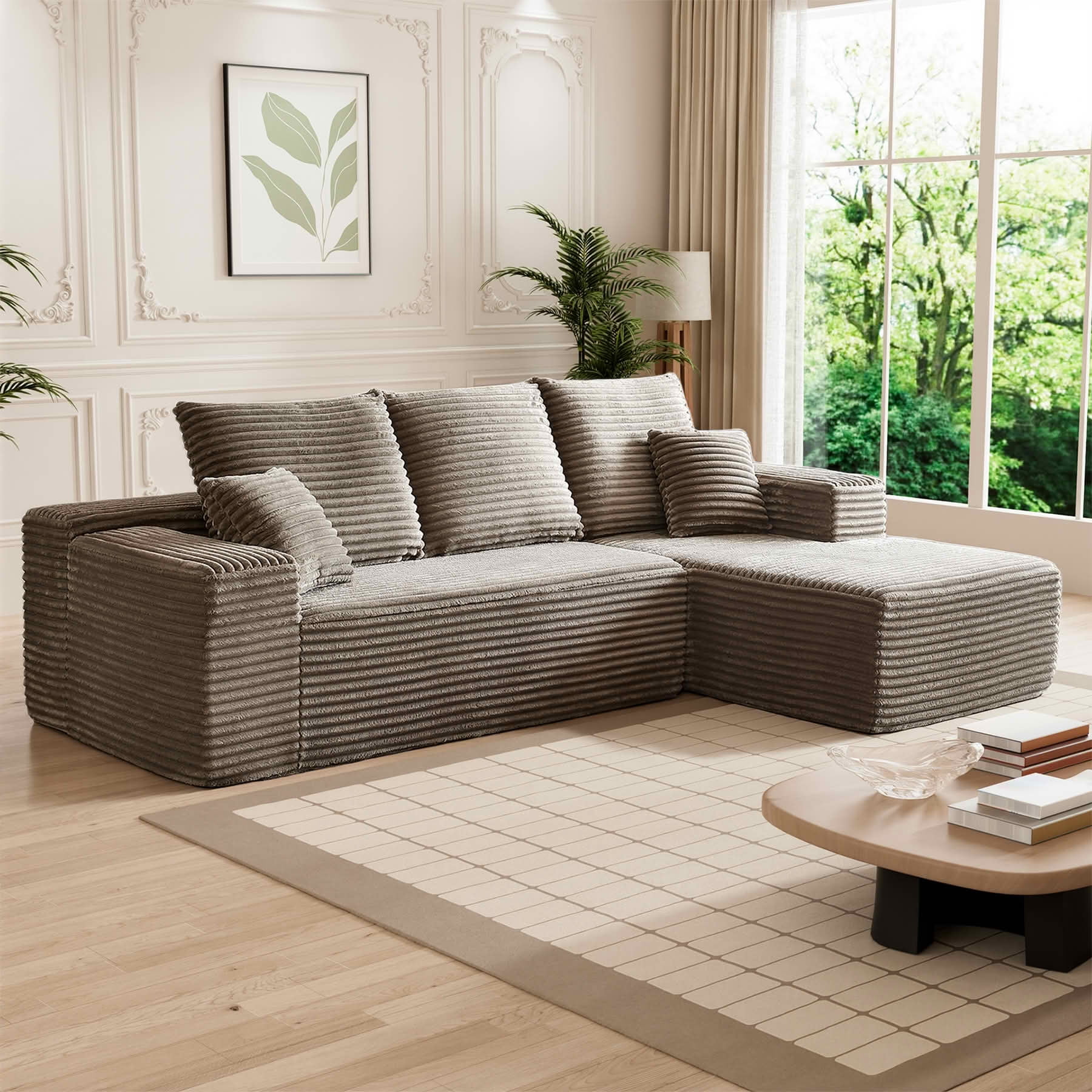MAYEERTY 107-Inch Brown Faux Rabbit Hair Corduroy 6-Seat L-Shaped Modular Cloud Sofa, Minimalist Deep Seat Sleeper Sectional with Recliner, No Assembly Required