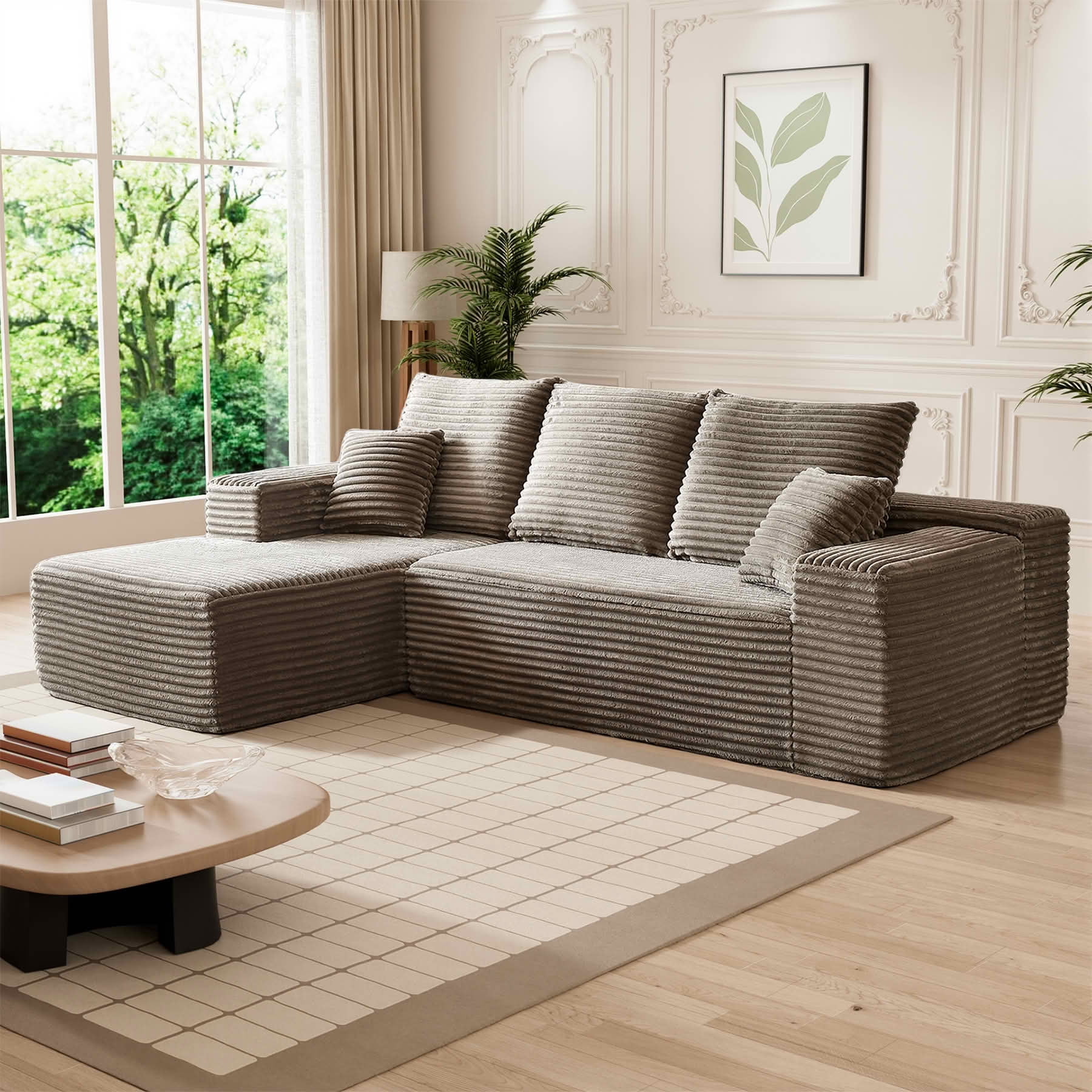 MAYEERTY 107-Inch Brown Faux Rabbit Hair Corduroy 6-Seat L-Shaped Modular Cloud Sofa, Minimalist Deep Seat Sleeper Sectional with Recliner, No Assembly Required