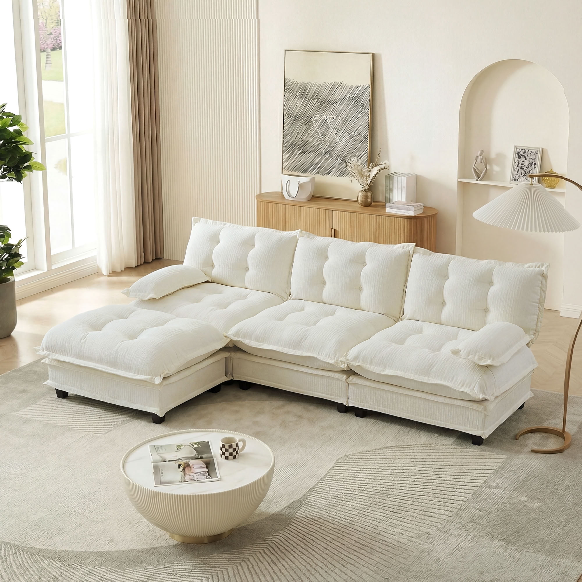 MAYEERTY 107 Inch Cloud Modular Sectional Sofa, L-Shaped 3-Seater Chenille Couch, Solid Wood & Metal Frame for Home Living Room