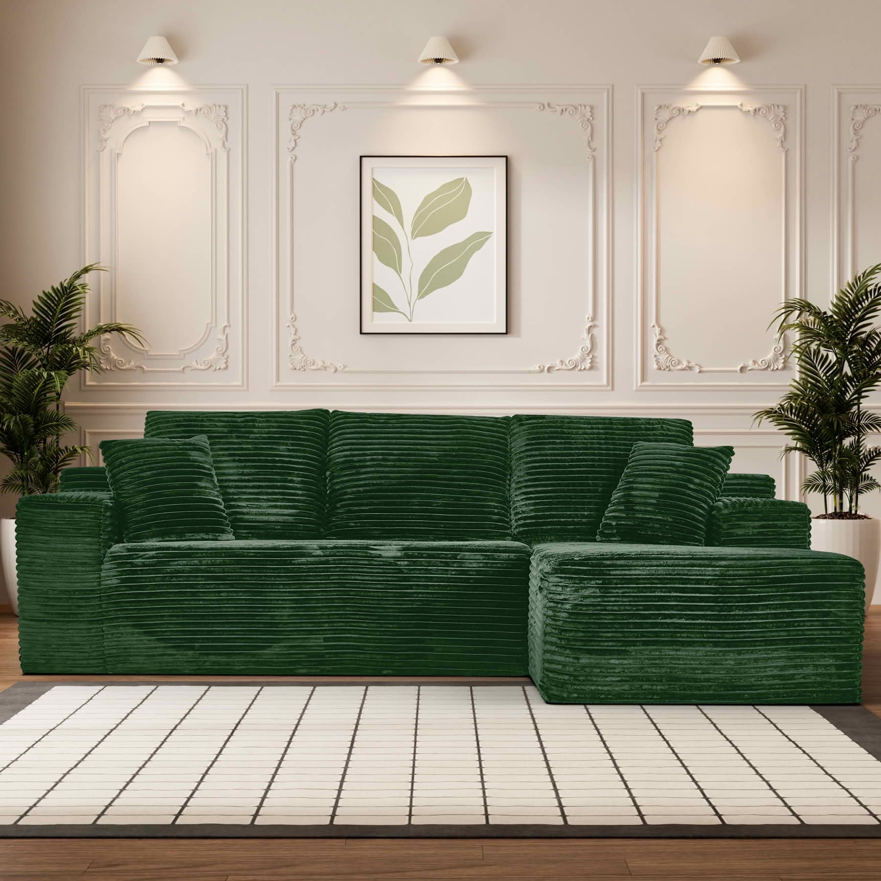 MAYEERTY 107-Inch Green Faux Rabbit Hair Corduroy 6-Seat L-Shaped Modular Cloud Sofa, Minimalist Deep Seat Sleeper Sectional with Recliner, No Assembly Required