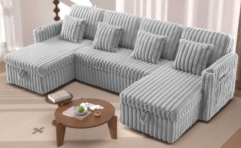 MAYEERTY 107-Inch Light Gray Corduroy 5-Seat U-Shaped Sectional Sofa Bed, Modular Sleeper Couch with Pull-Out Bed & Double Storage Chaise