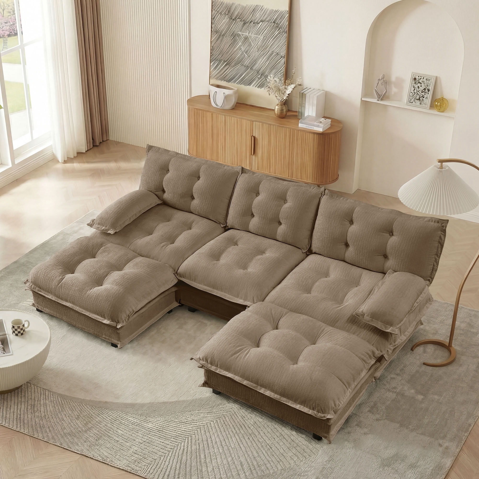 MAYEERTY 107 Inch U-Shaped Sectional Sofa with 2 Ottomans, Chenille 3-Seater Modular Couch, Solid Wood & Metal Frame for Living Room Bedroom Apartment