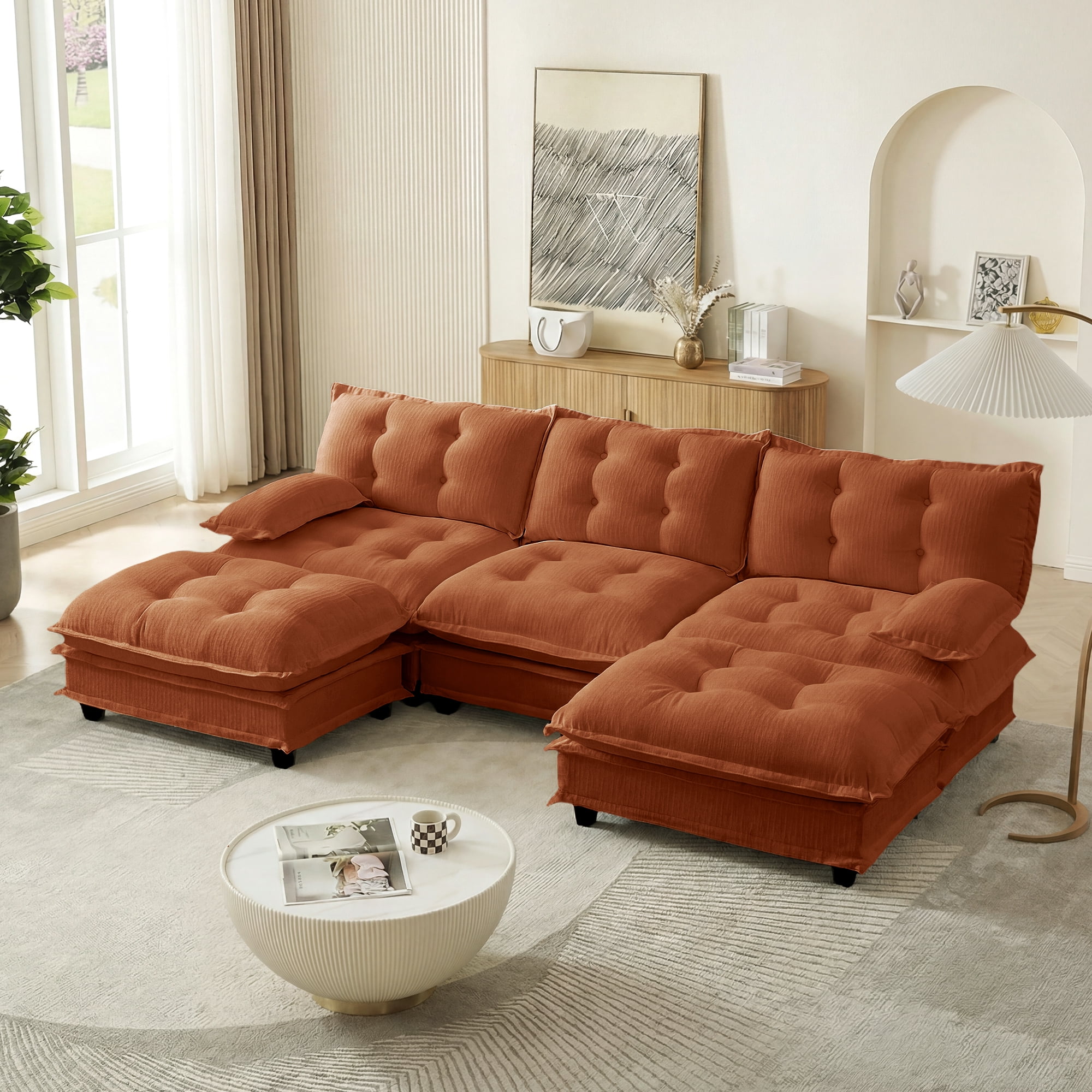 MAYEERTY 107 Inch U-Shaped Sectional Sofa with 2 Ottomans, Chenille 3-Seater Modular Couch, Solid Wood & Metal Frame for Living Room Bedroom Apartment