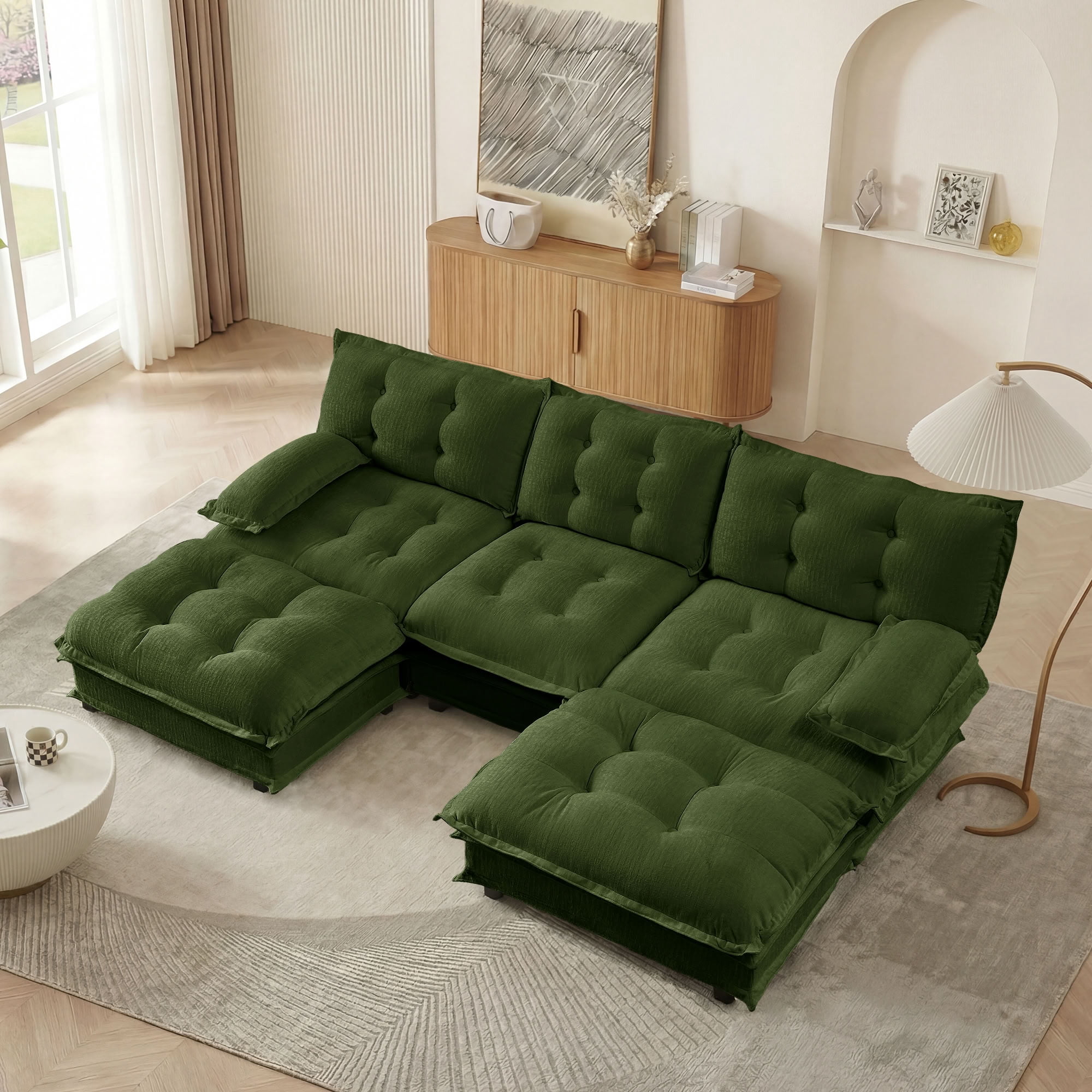 MAYEERTY 107 Inch U-Shaped Sectional Sofa with 2 Ottomans, Chenille 3-Seater Modular Couch, Solid Wood & Metal Frame for Living Room Bedroom Apartment