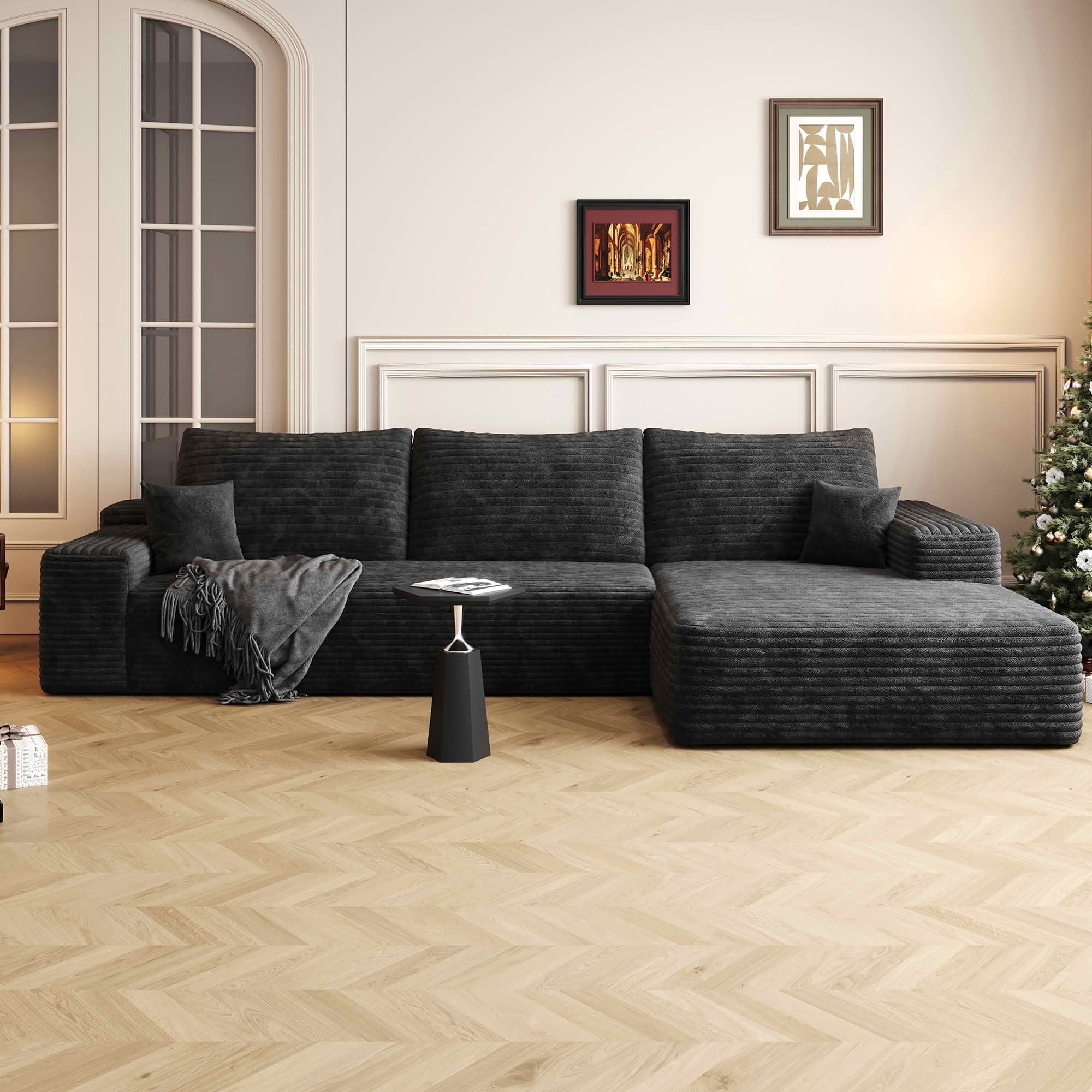 MAYEERTY 107-Inch Black Plush Corduroy 3-Seat L-Shaped Cloud Modular Sectional Sofa, Deep Seat Couch with Chaise No Assembly Required
