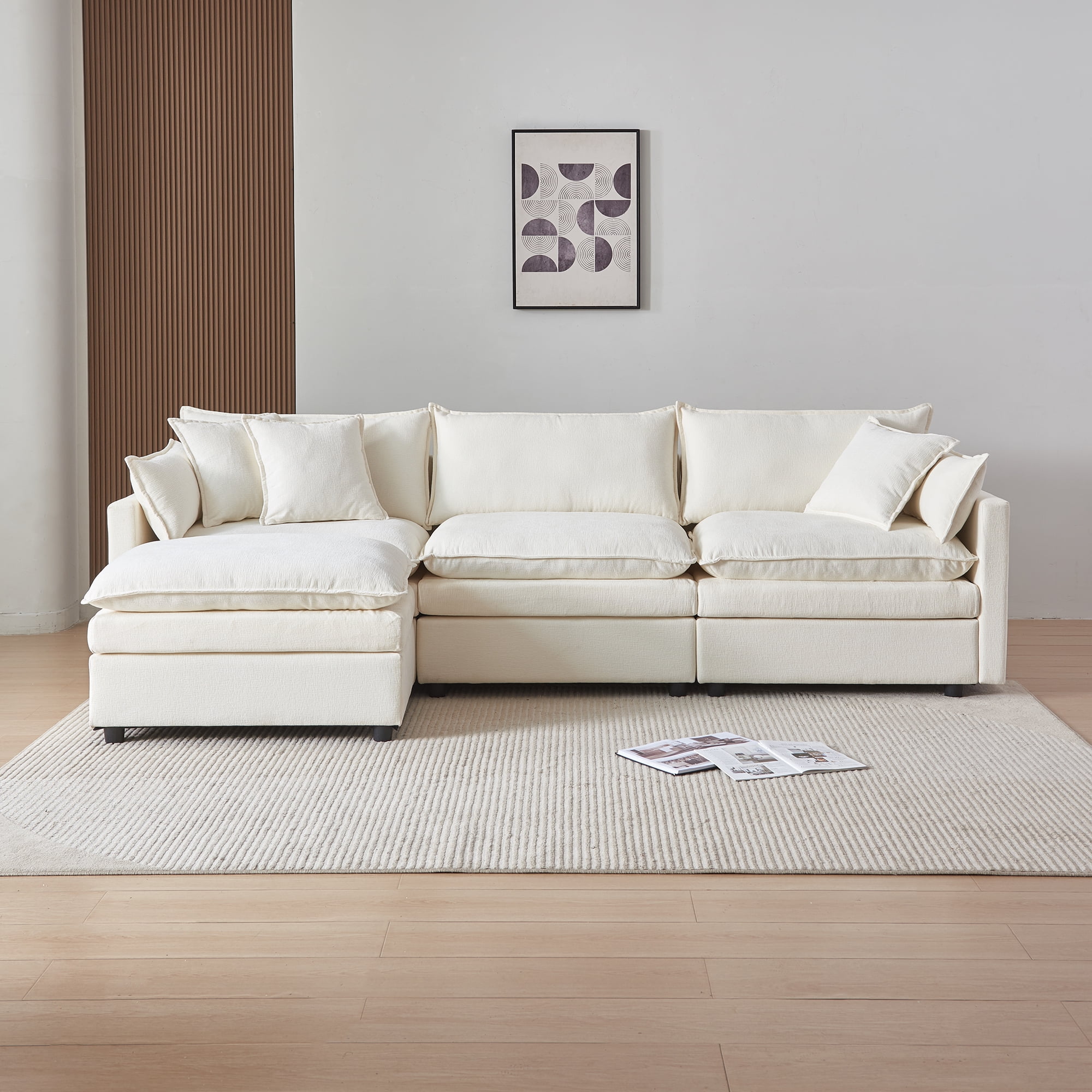 MAYEERTY 108 Inch Beige Chenille L-Shaped Modular Sectional Sofa with Ottoman