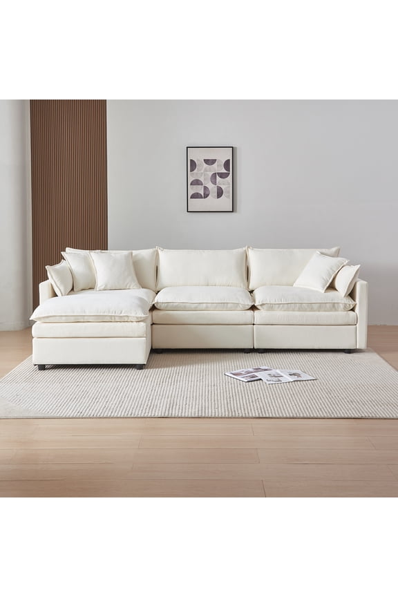 108 Inch Beige Chenille L-Shaped Modular Sectional Sofa with Ottoman