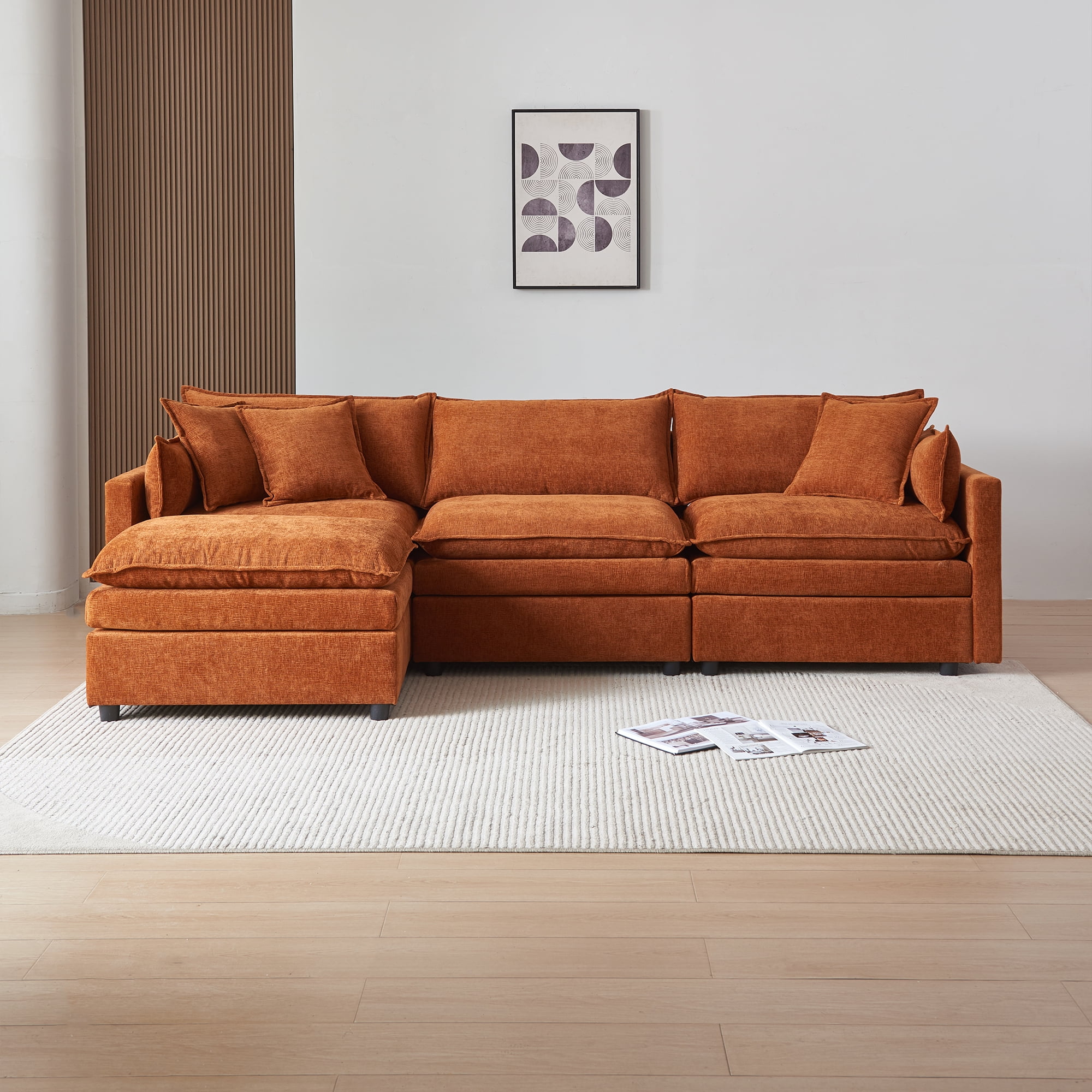 MAYEERTY 108 Inch Orange Chenille L-Shaped Modular Sectional Sofa with Ottoman